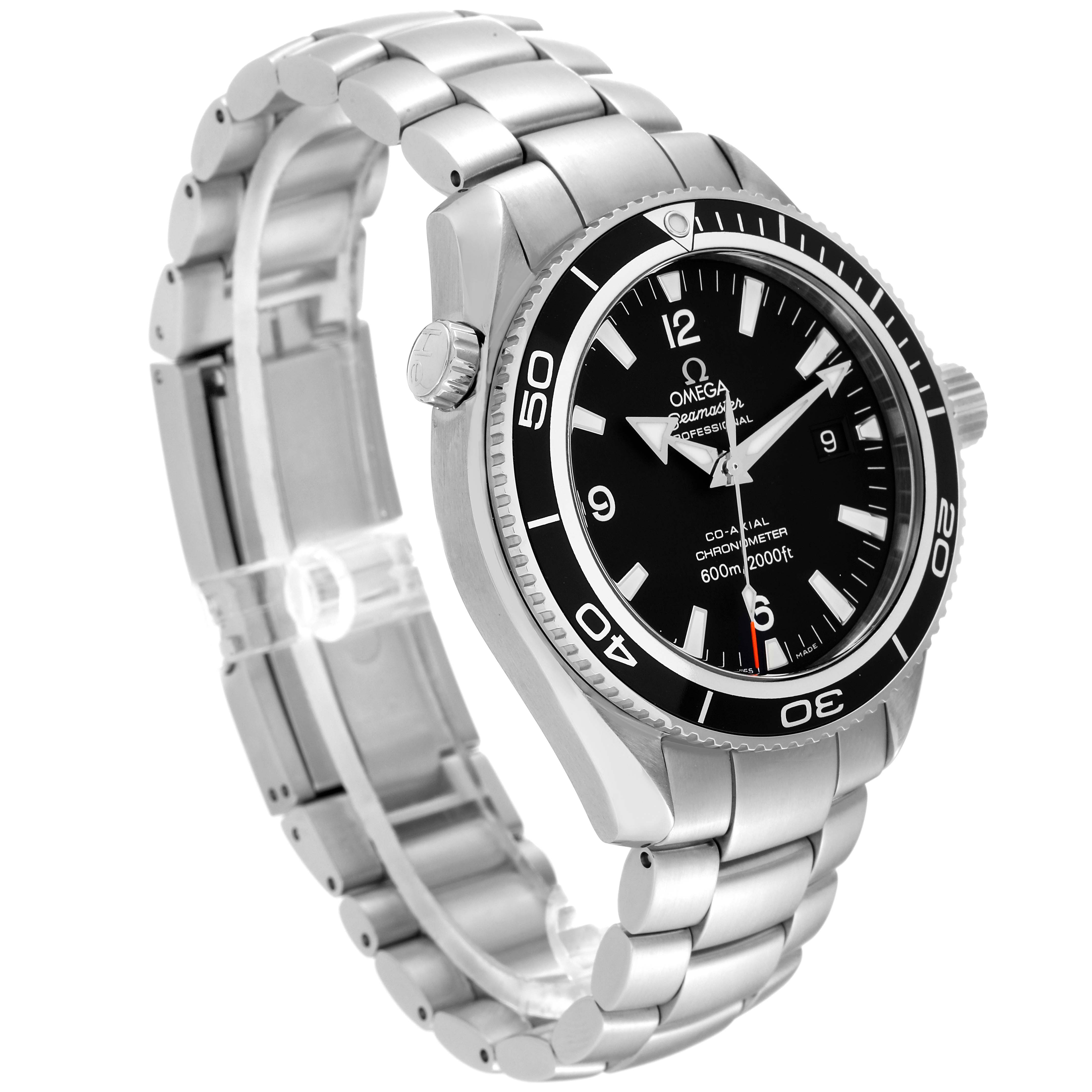 The image shows the left-front angle of an Omega Planet Ocean 2201.50.00 Men
s Stainless Steel Black Dial 2201.50.00 Men
s Stainless Steel Black Dial watch, including the case, bezel, dial, and bracelet.