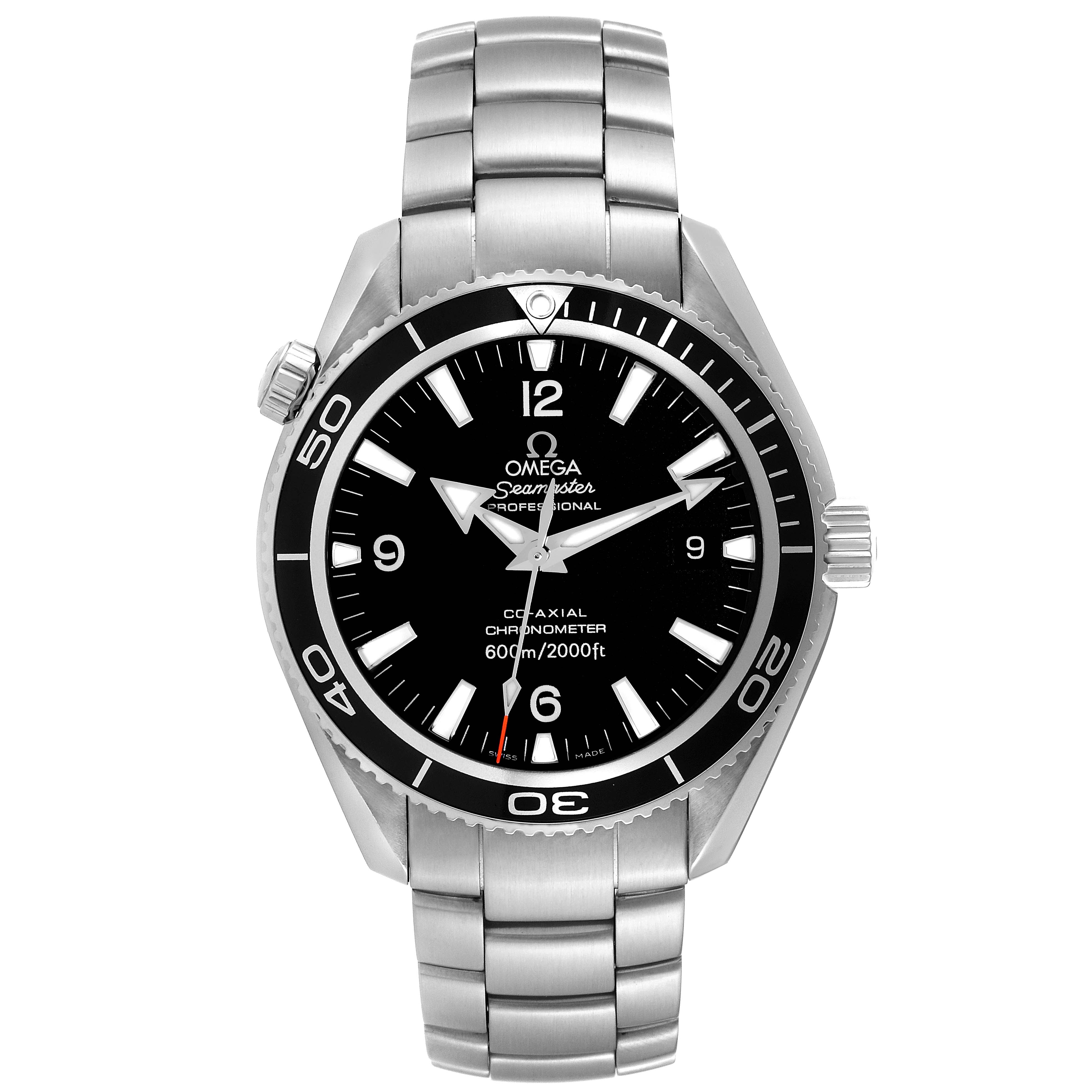 The image shows a front view of the Omega Planet Ocean 2201.50.00 Men
s Stainless Steel Black Dial 2201.50.00 Men
s Stainless Steel Black Dial watch, highlighting its dial, bezel, bracelet, and crown.