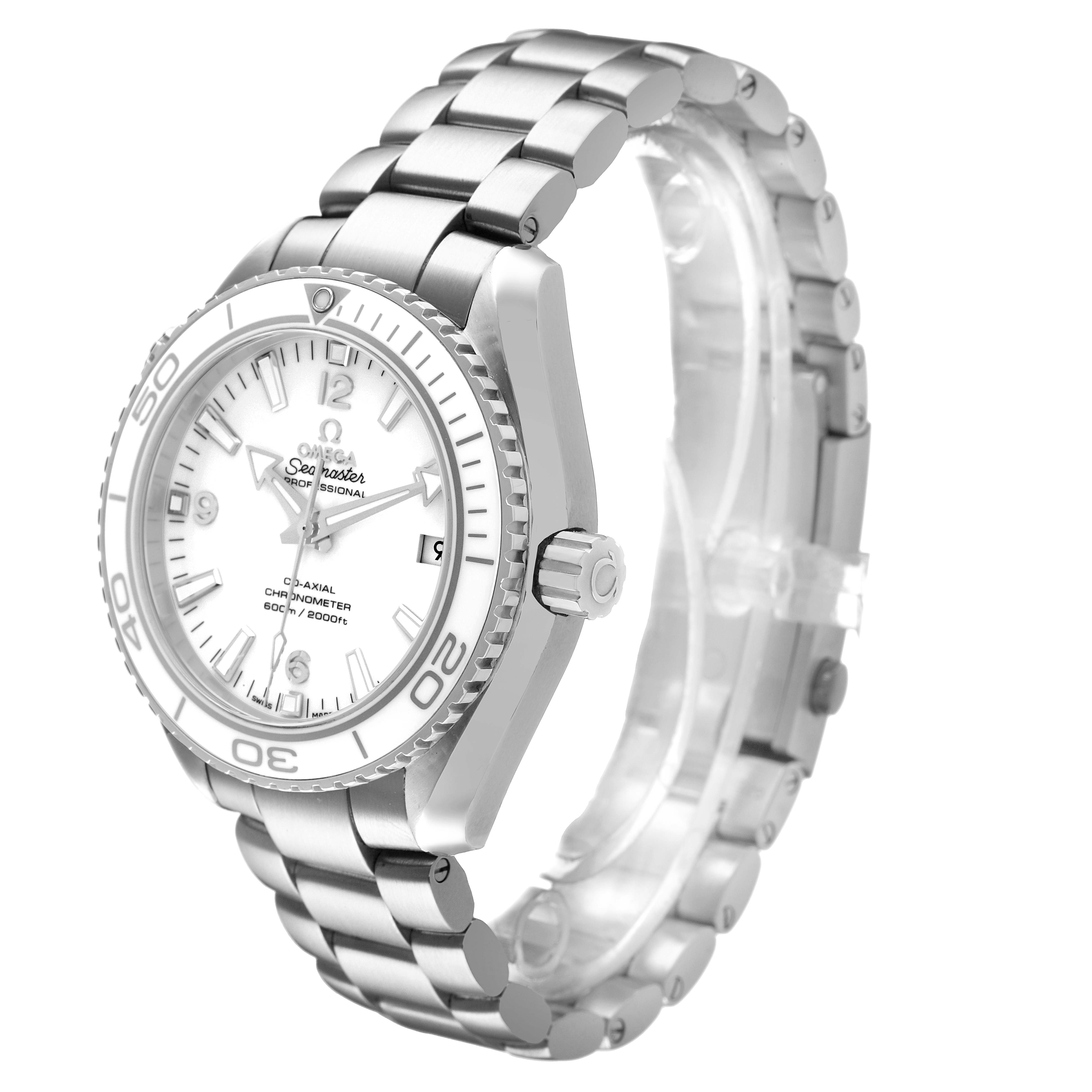 The Omega Seamaster 232.30.42.21.04.001 Men's Stainless Steel White Dial watch is shown at a slight side angle, displaying the face, bezel, crown, and metal bracelet.