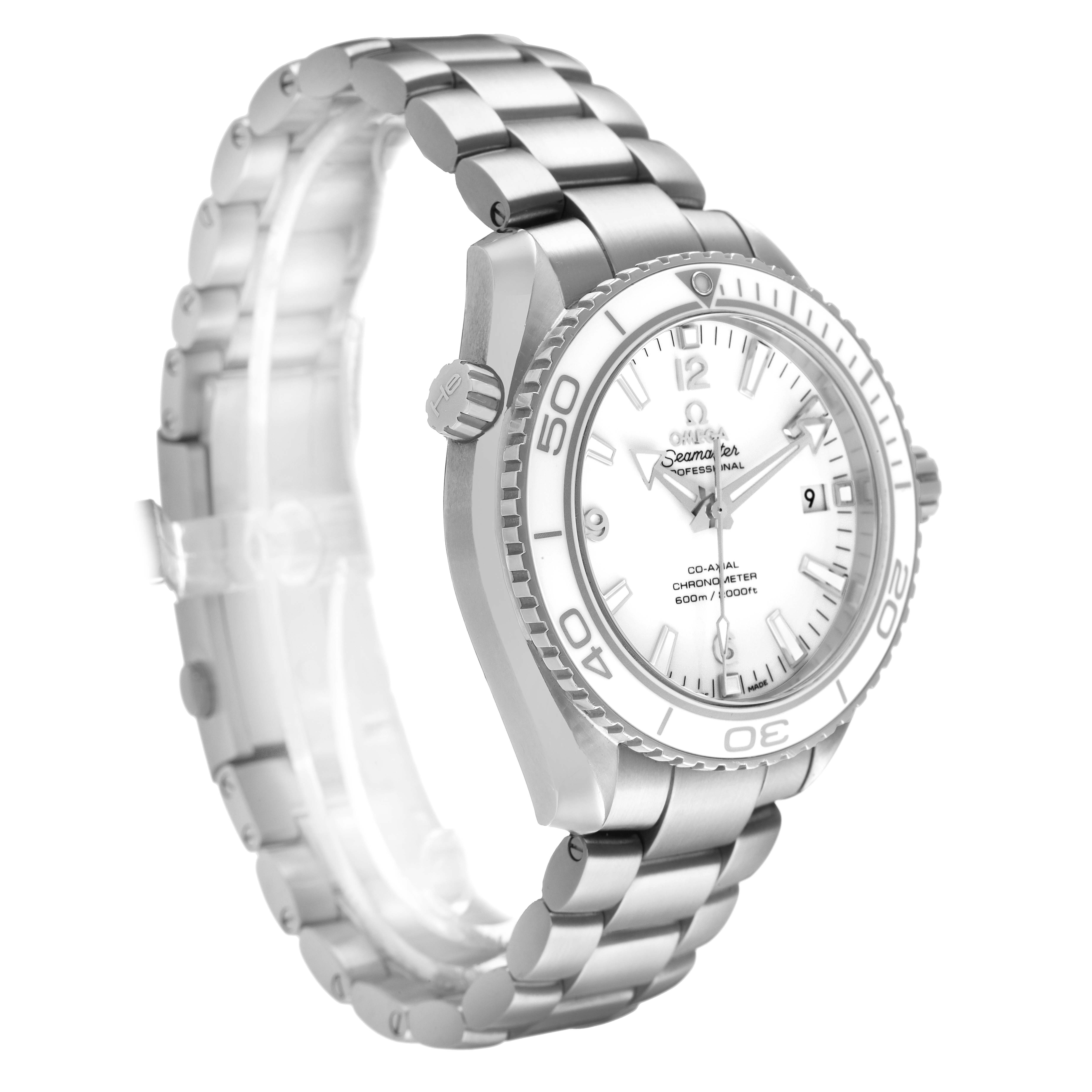 The Omega Seamaster 232.30.42.21.04.001 Men's Stainless Steel White Dial watch is shown at a three-quarter view, highlighting the dial, bezel, bracelet, and crown.