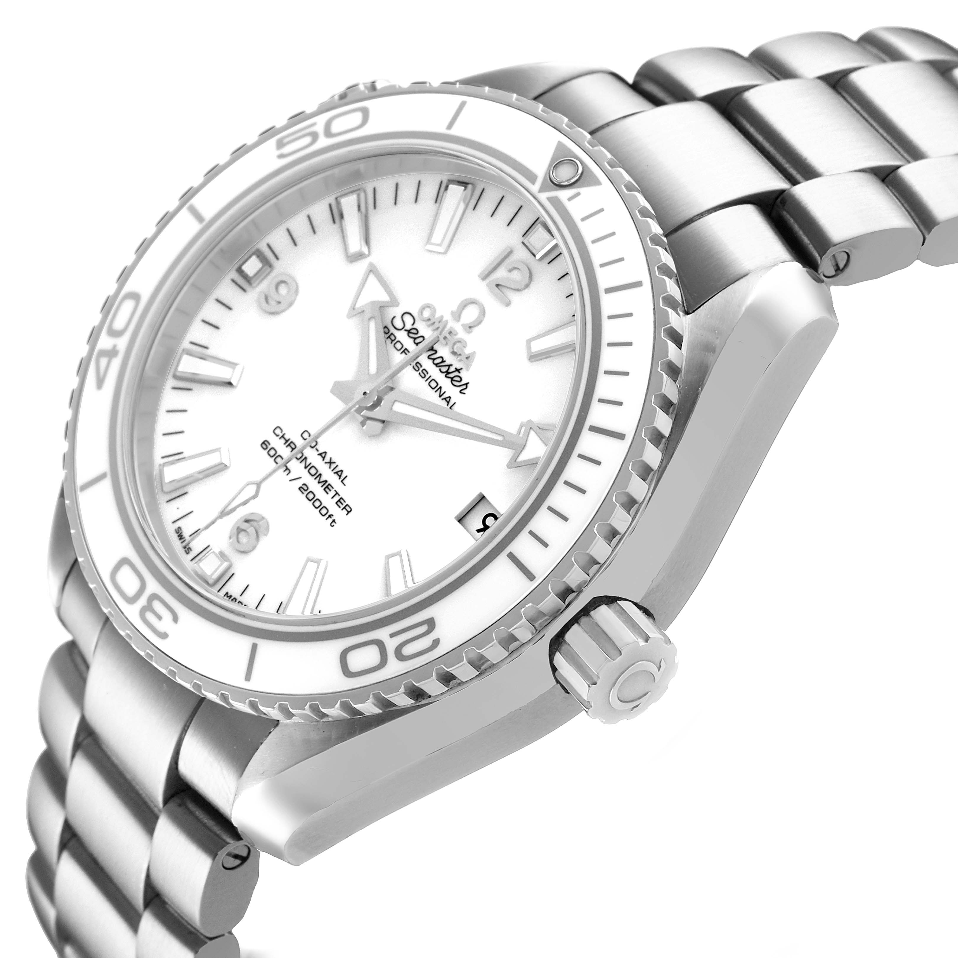 The Omega Seamaster 232.30.42.21.04.001 Men's Stainless Steel White Dial watch is shown at an angle highlighting the dial, bezel, crown, and bracelet.