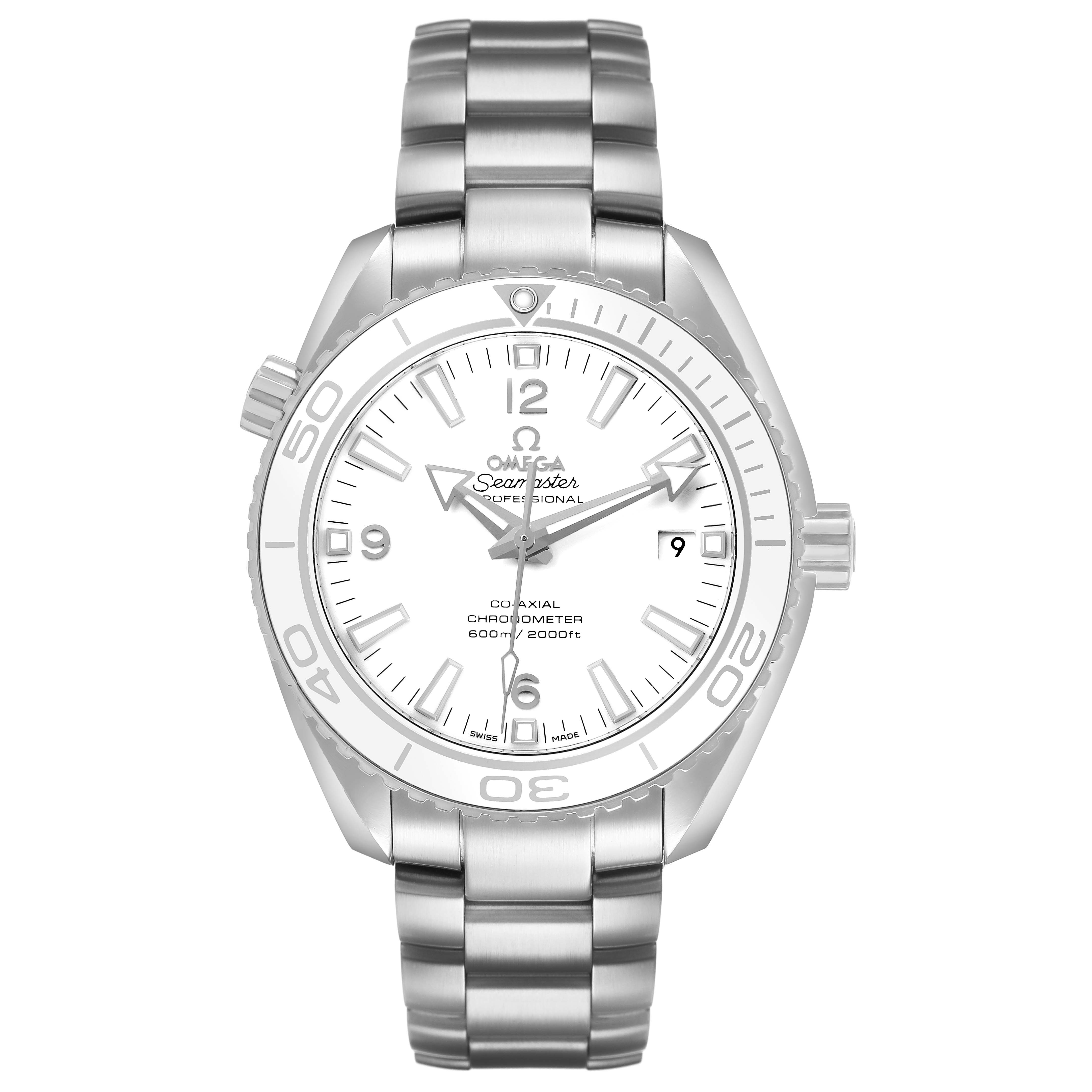 The Omega Seamaster 232.30.42.21.04.001 Men's Stainless Steel White Dial watch is shown from the front, displaying its dial, bezel, bracelet, and crown.