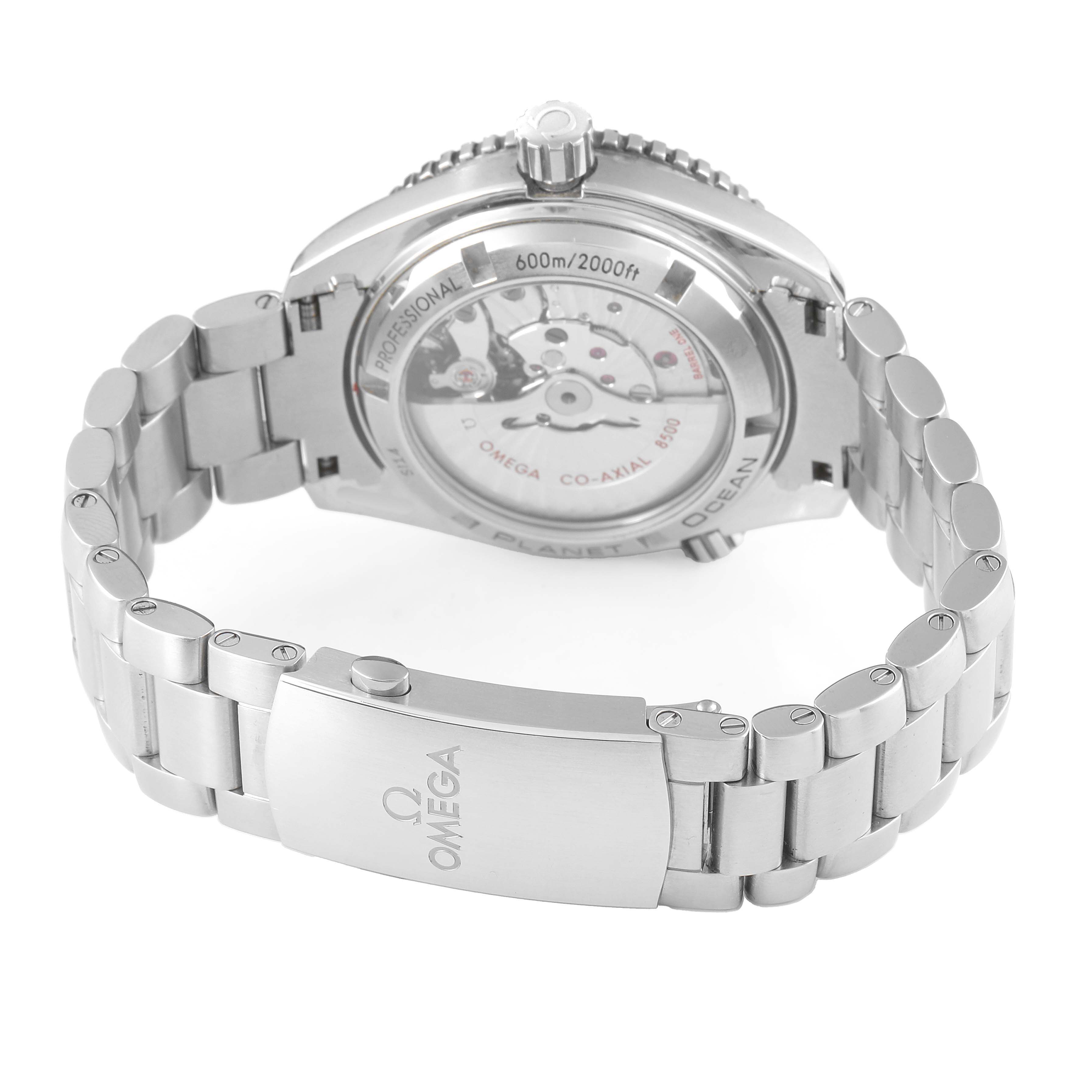 The image shows the back and clasp of the Omega Seamaster 232.30.42.21.04.001 Men's Stainless Steel White Dial watch, highlighting its movement and stainless steel bracelet.