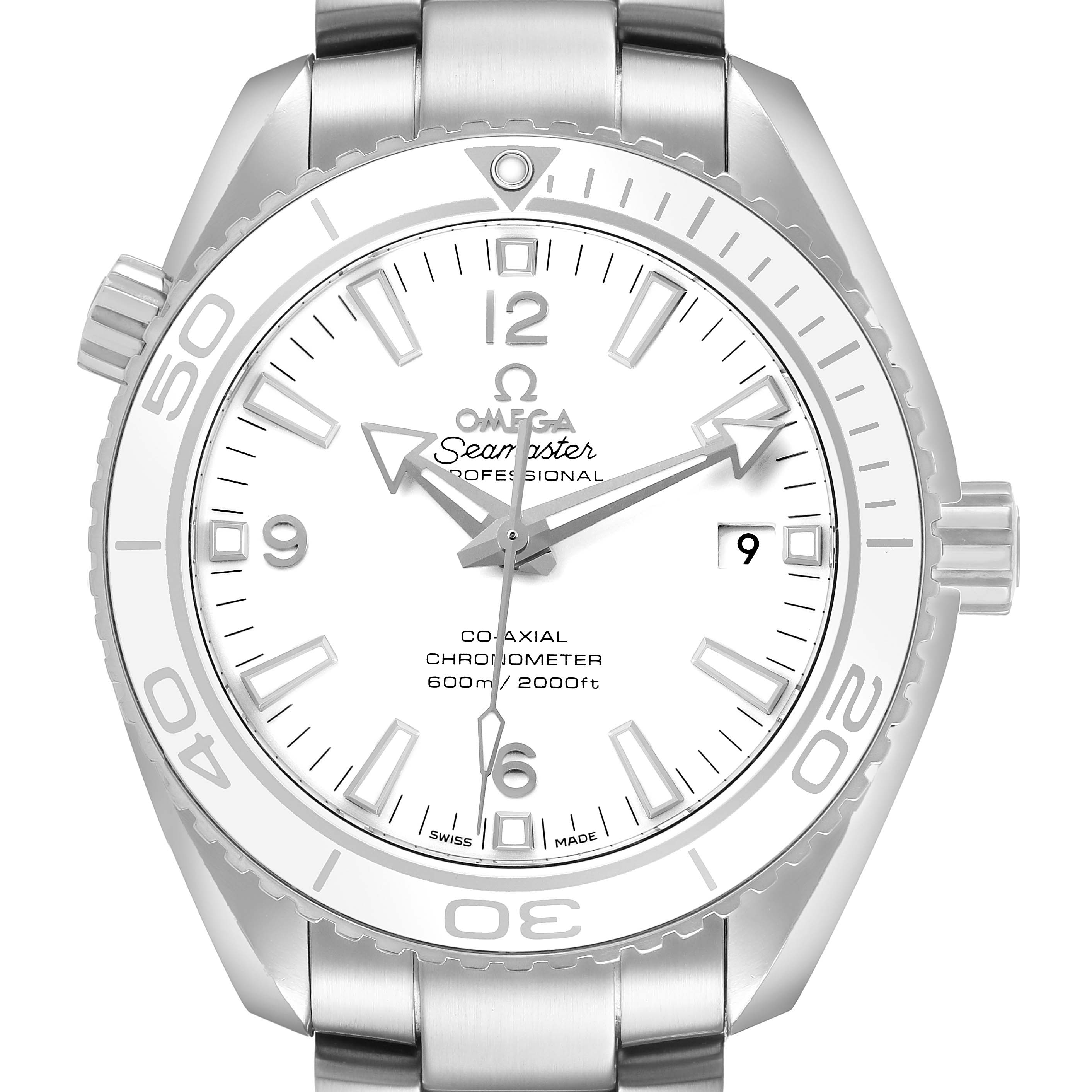 The Omega Seamaster 232.30.42.21.04.001 Men's Stainless Steel White Dial watch is shown from a front angle, displaying its bezel, dial, hands, date window, and bracelet links.