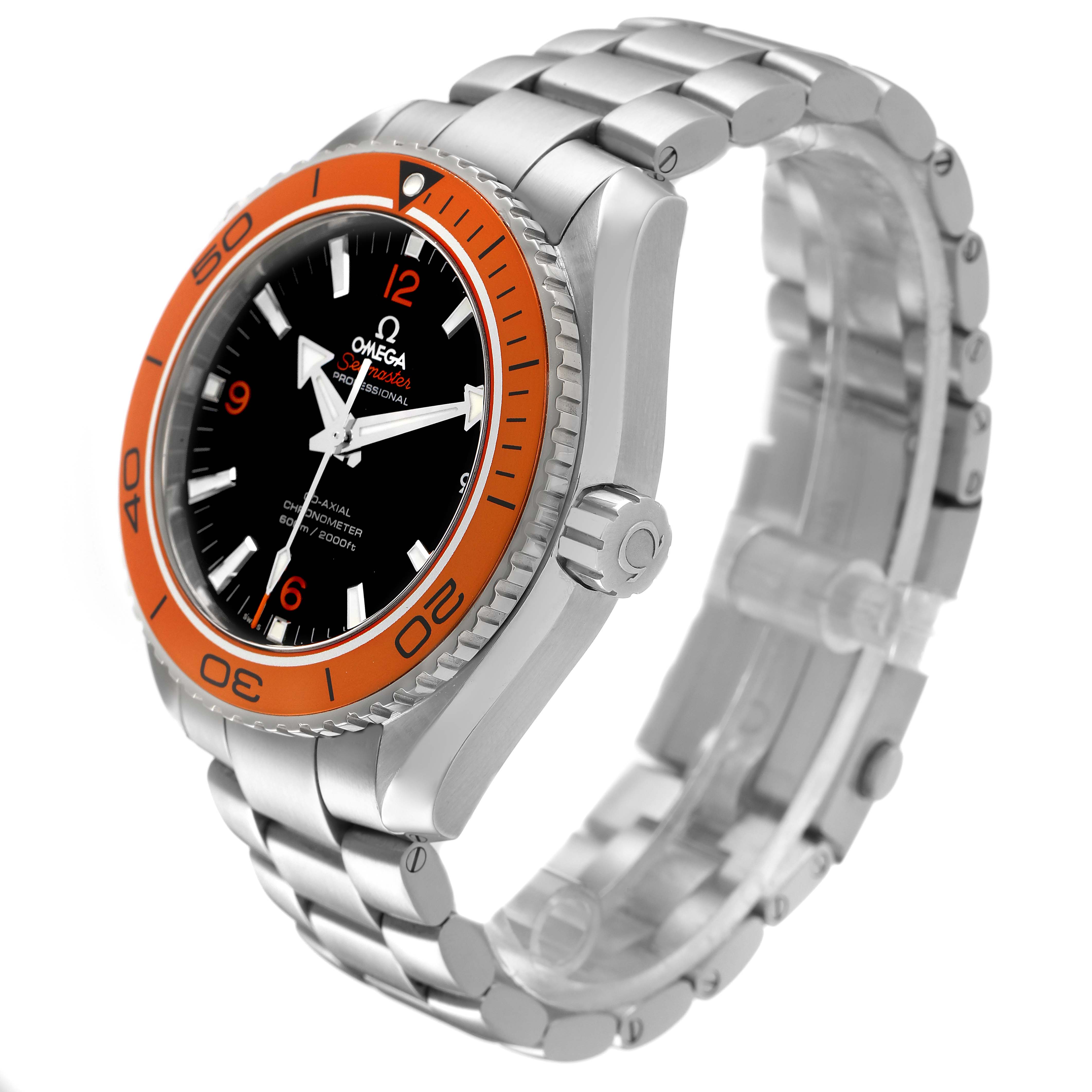 The Omega Planet Ocean 232.30.46.21.01.002 Men's Stainless Steel Black Dial watch is shown at a three-quarter angle, highlighting the orange bezel, black dial, and silver bracelet.