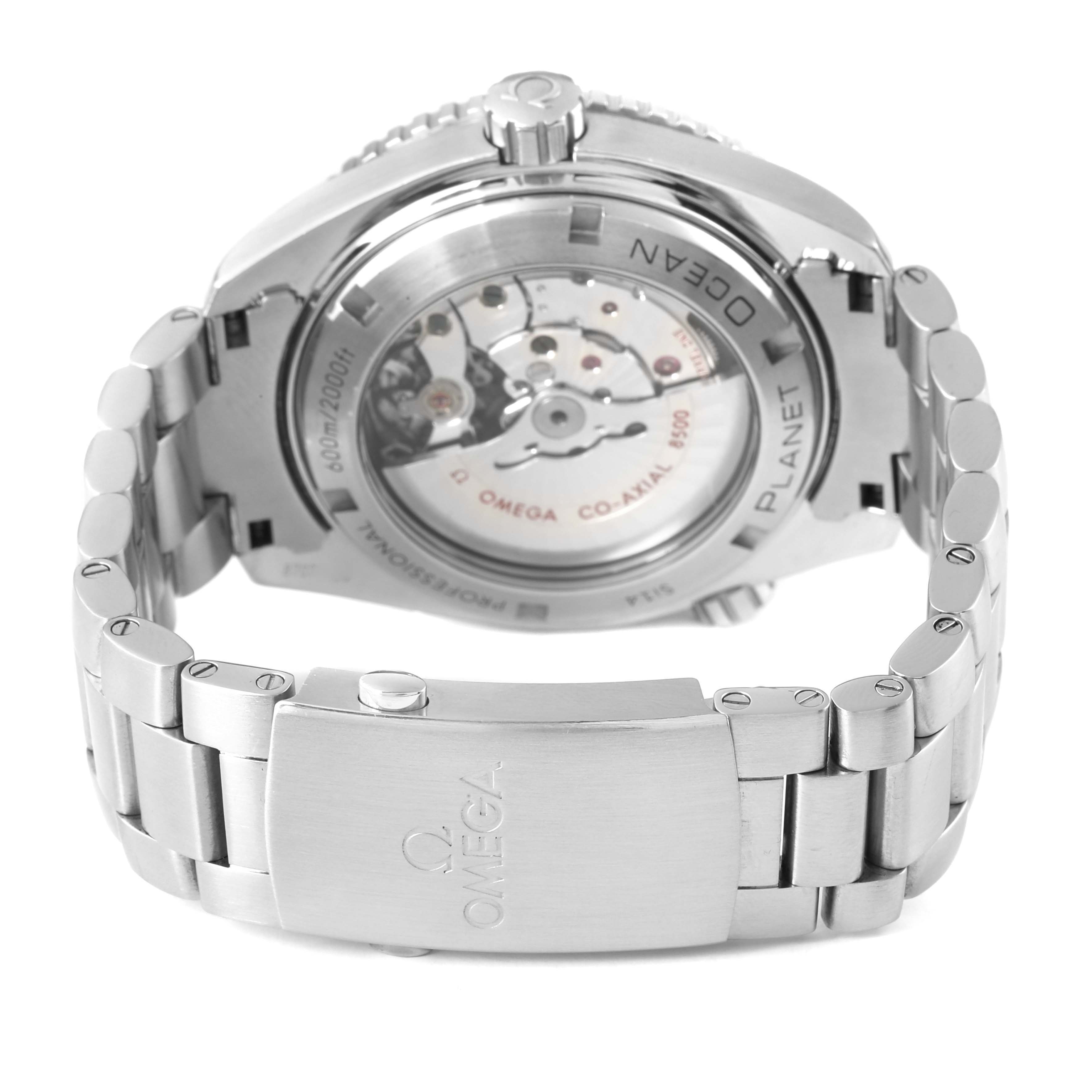 The Omega Planet Ocean 232.30.46.21.01.002 Men's Stainless Steel Black Dial watch is shown from the back, highlighting its transparent case back and bracelet clasp with logo.