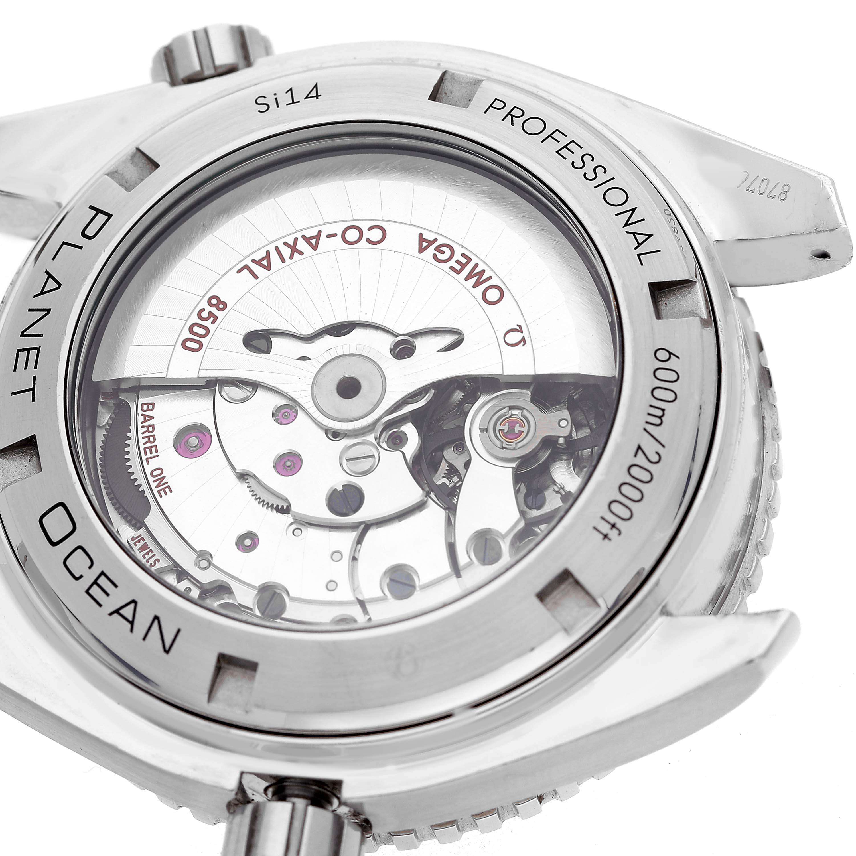 The image shows the back view of an Omega Planet Ocean 232.30.46.21.01.002 Men's Stainless Steel Black Dial watch, highlighting its open case back and movement parts.