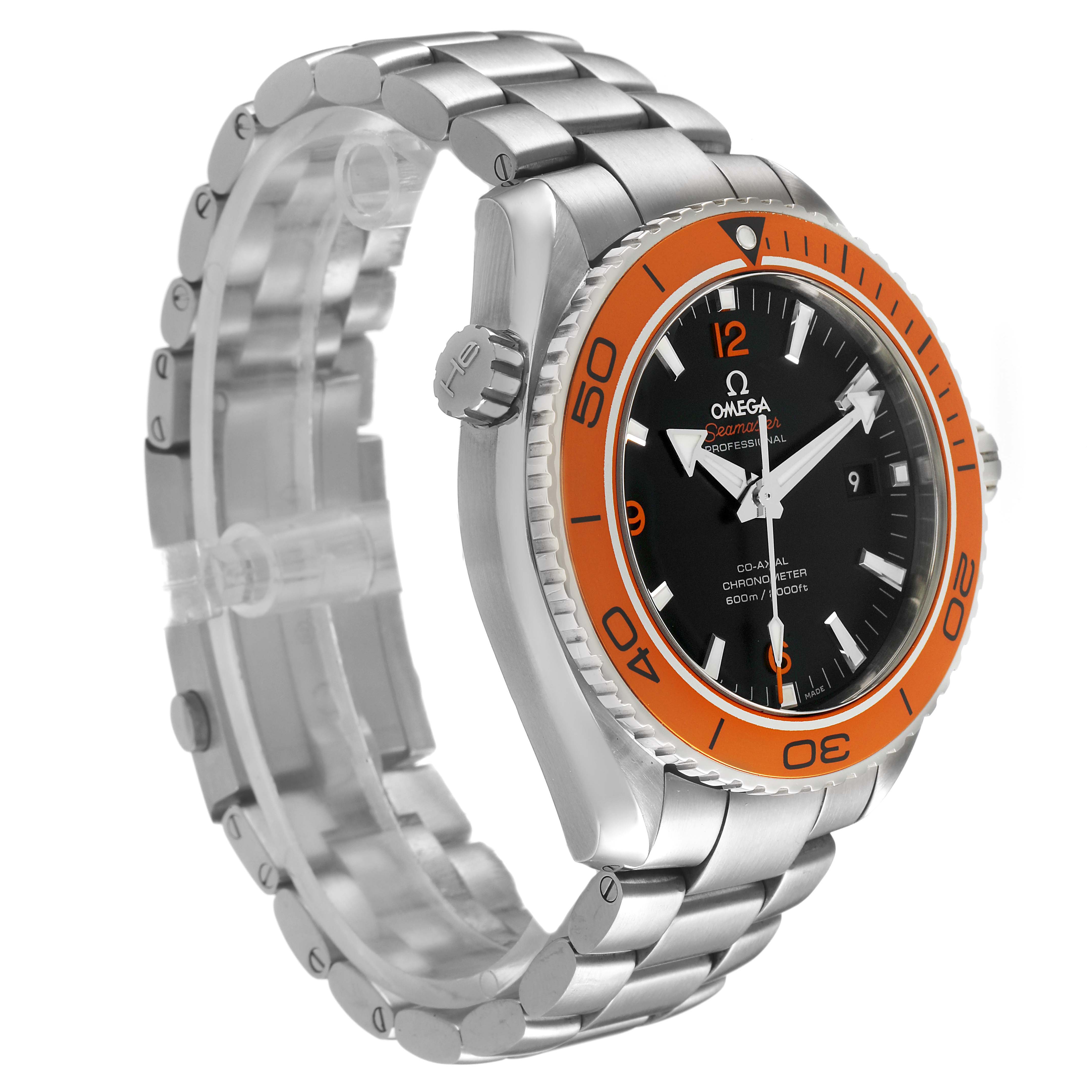 The image shows the Omega Planet Ocean 232.30.46.21.01.002 Men's Stainless Steel Black Dial watch from a front-side angle, highlighting the orange bezel, dial, bracelet, and crown.