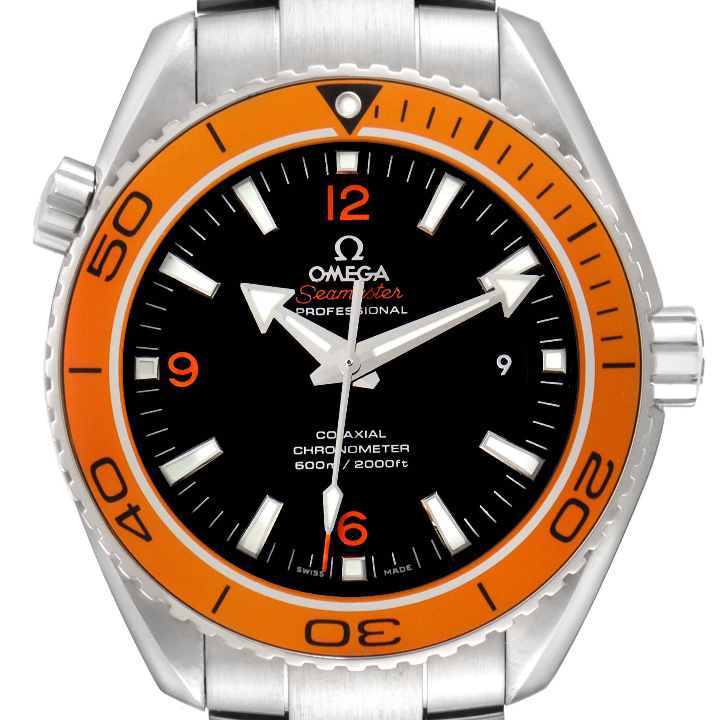 The Omega Planet Ocean 232.30.46.21.01.002 Men's Stainless Steel Black Dial watch is shown from the front, highlighting the bezel, face, hands, and crown.