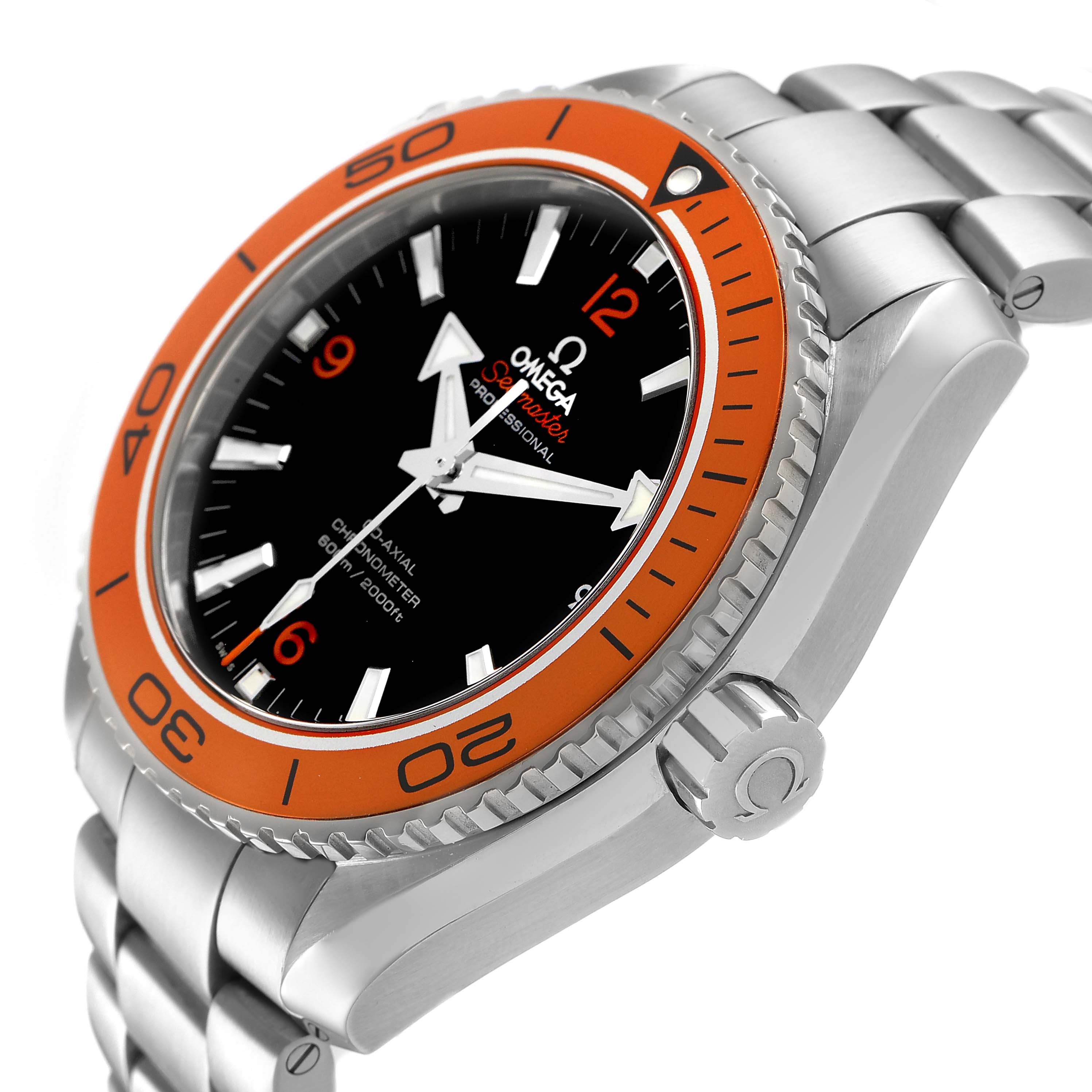 The Omega Planet Ocean 232.30.46.21.01.002 Men's Stainless Steel Black Dial watch is shown from a side angle, displaying the bezel, case, crown, and bracelet.