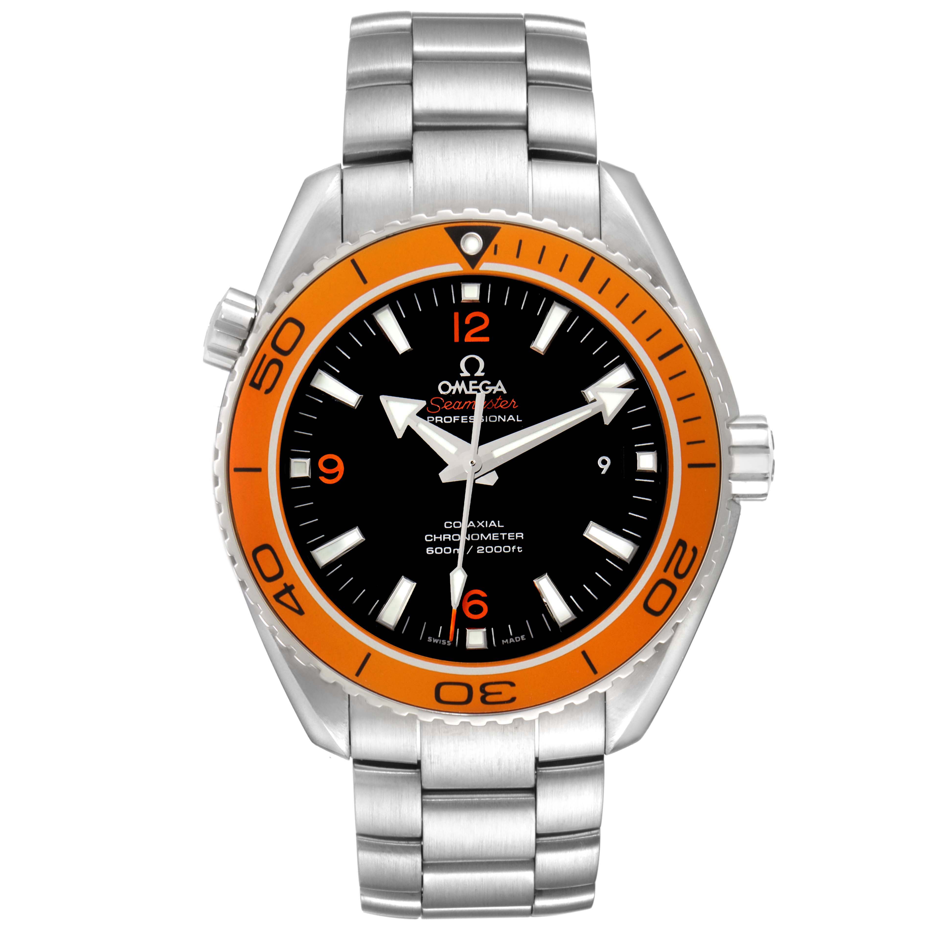 The Omega Planet Ocean 232.30.46.21.01.002 Men's Stainless Steel Black Dial watch is shown from the front, featuring its orange bezel, black dial, and stainless steel bracelet.