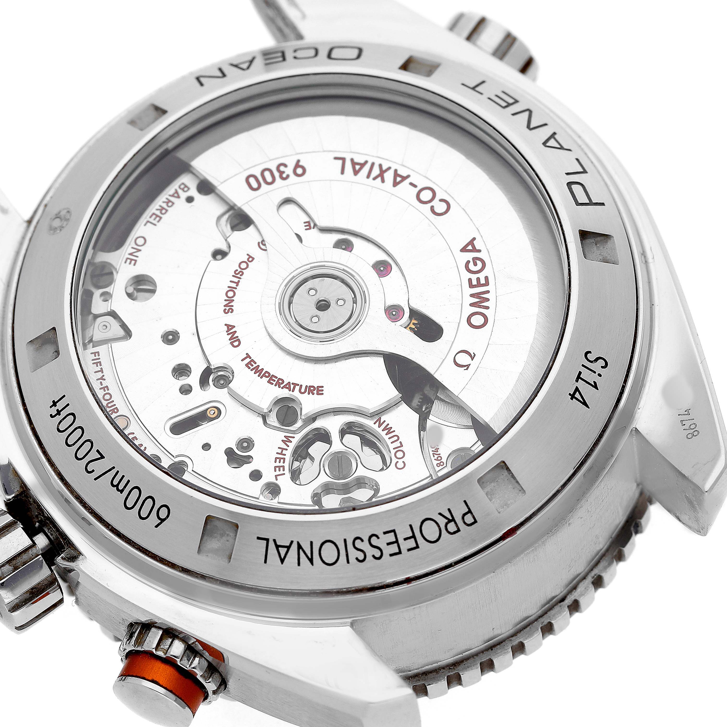 The image shows the back case of the Omega Planet Ocean 232.30.46.51.01.002 Men's Stainless Steel Black Dial watch, highlighting the Co-Axial 9300 movement.