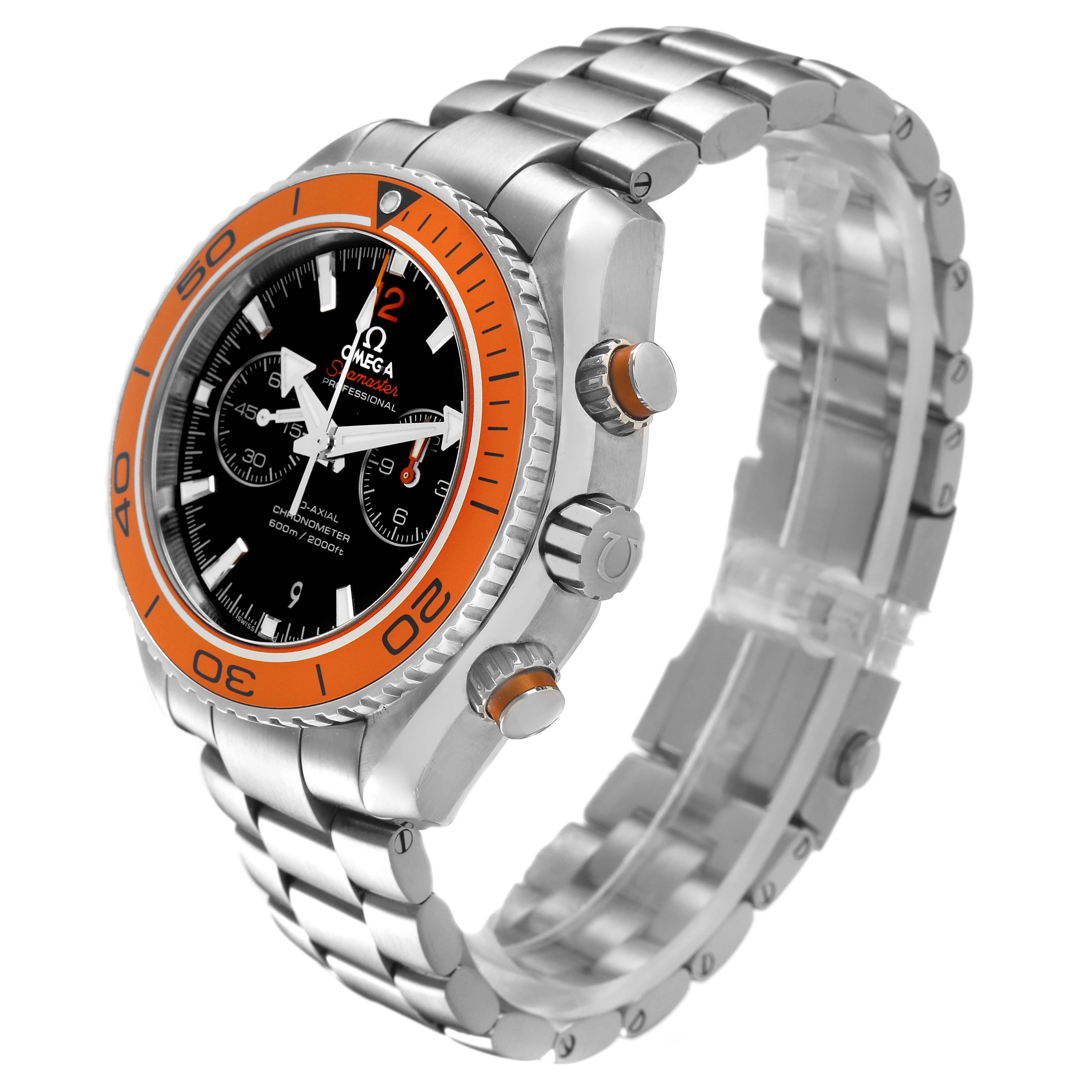 The Omega Planet Ocean 232.30.46.51.01.002 Men's Stainless Steel Black Dial watch is shown at a three-quarter angle, highlighting the dial, bezel, crown, and bracelet.