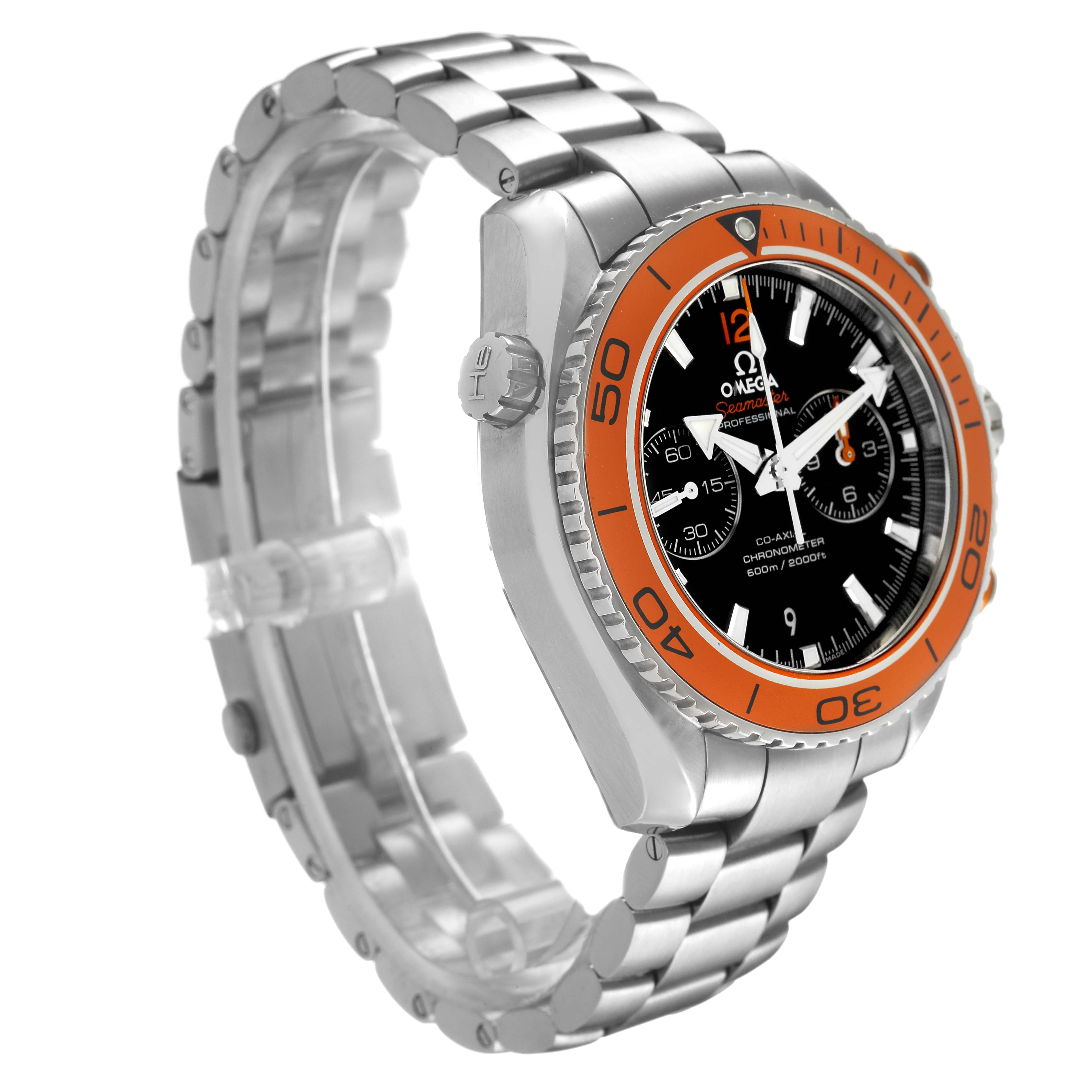 The image shows an Omega Planet Ocean 232.30.46.51.01.002 Men's Stainless Steel Black Dial watch at a three-quarter angle, highlighting the orange bezel, dial, and stainless steel bracelet.