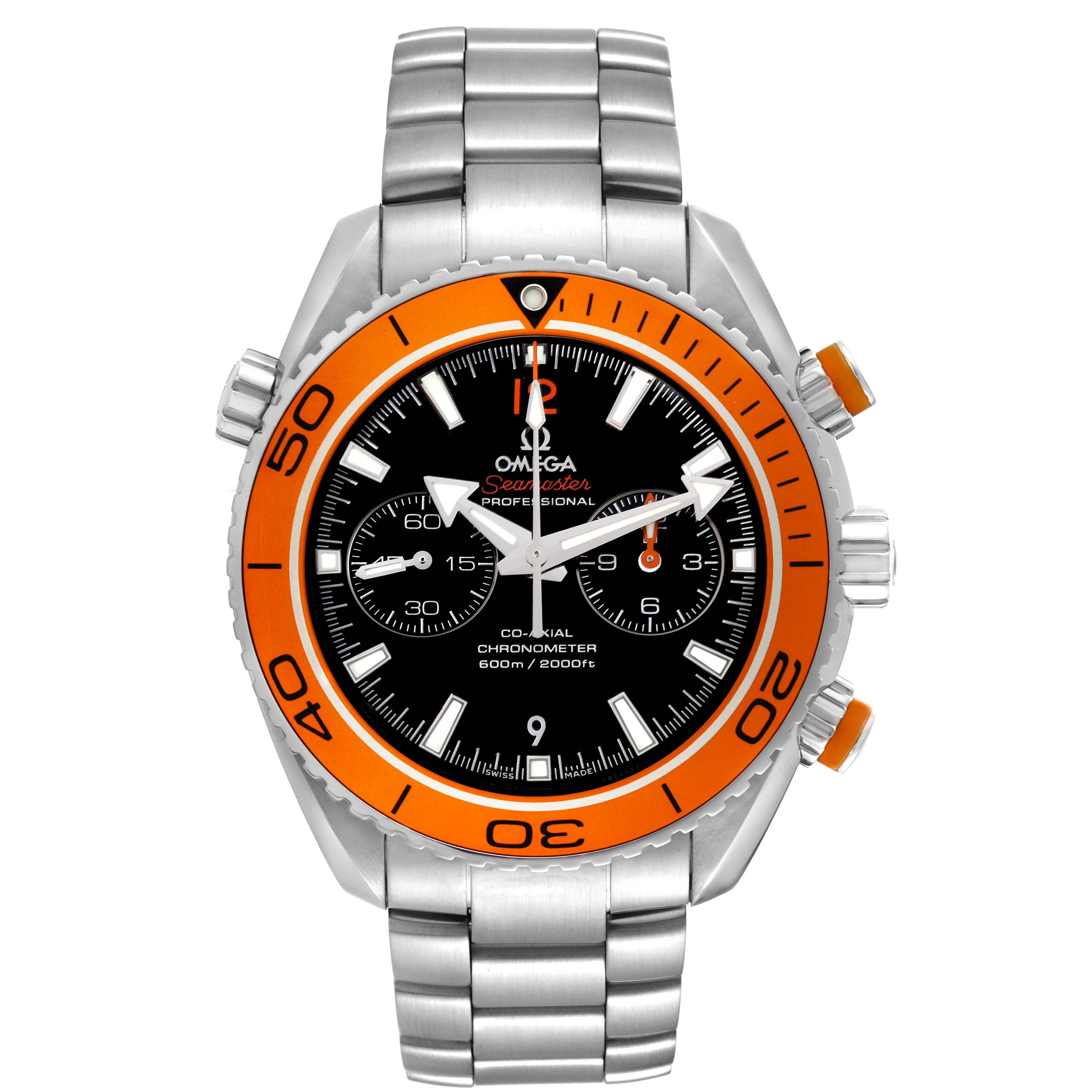 The Omega Planet Ocean 232.30.46.51.01.002 Men's Stainless Steel Black Dial watch is shown from the front, highlighting its orange bezel, chronograph dials, and stainless steel bracelet.