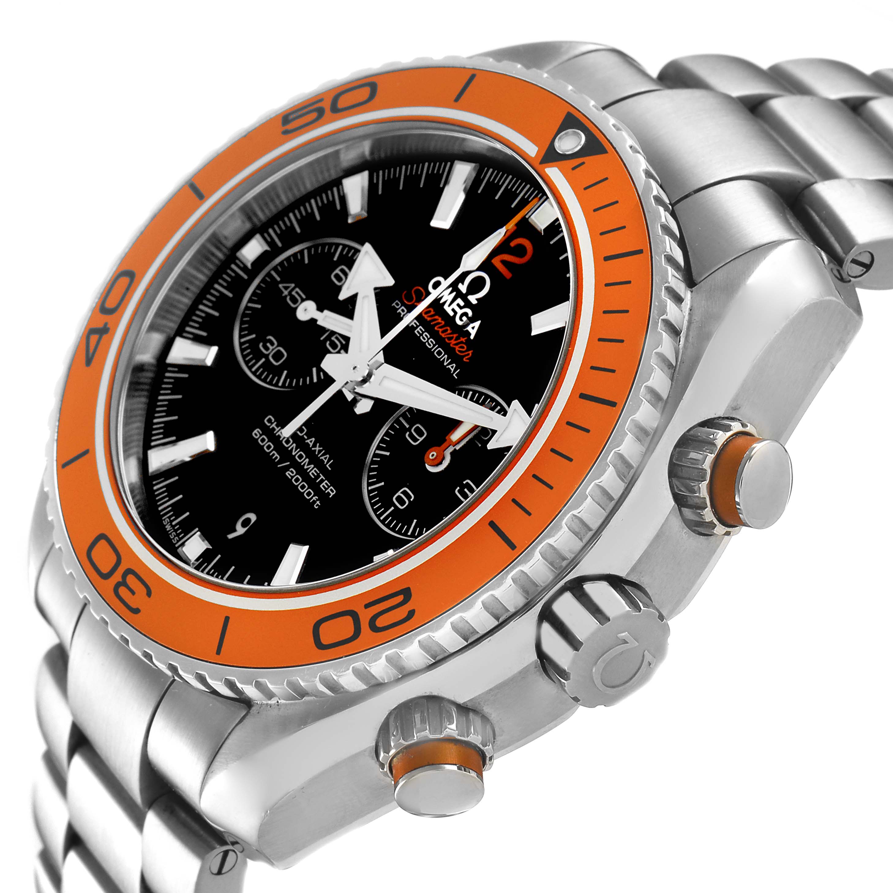 The Omega Planet Ocean 232.30.46.51.01.002 Men's Stainless Steel Black Dial watch is shown at an angle highlighting the bezel, crown, pushers, and part of the bracelet.