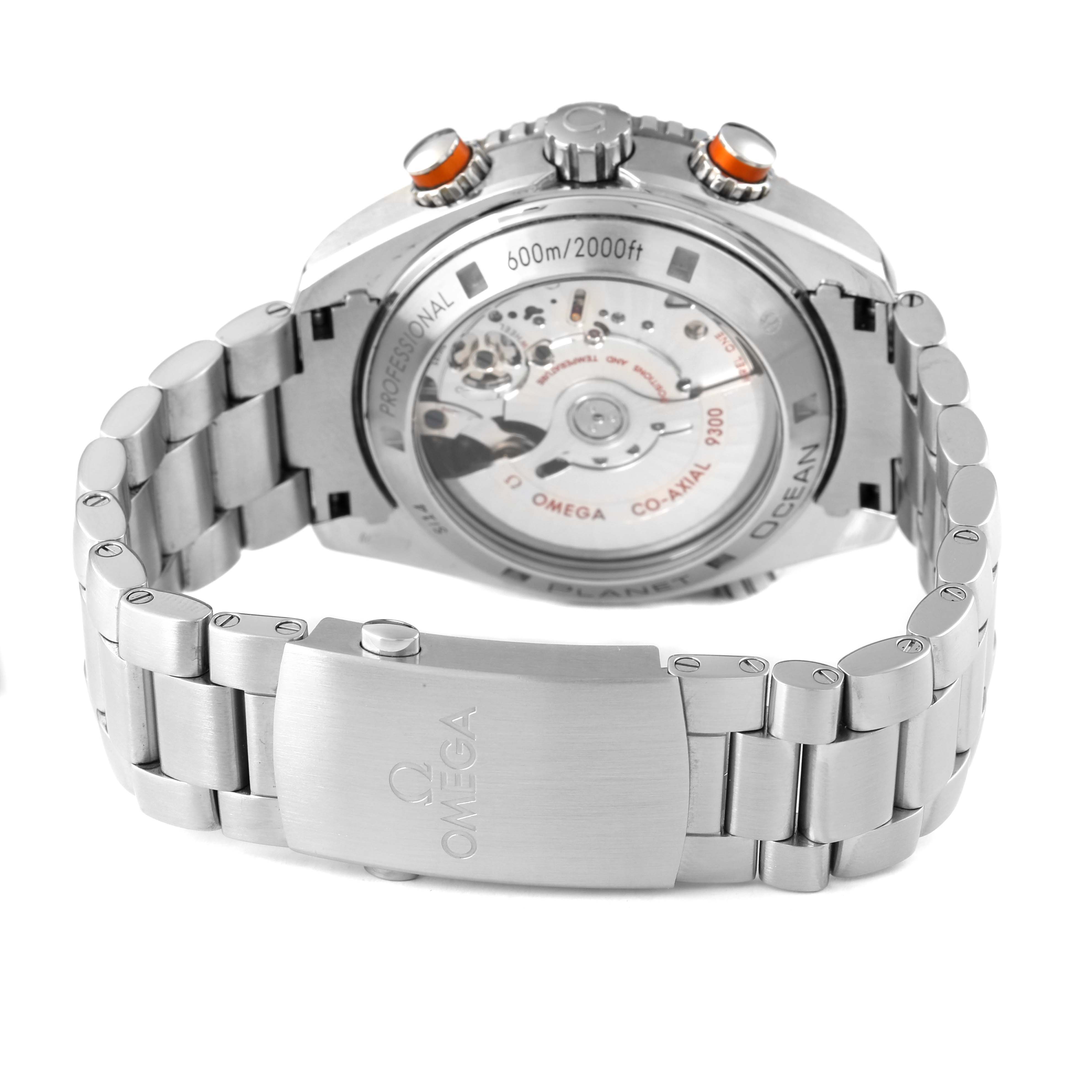 The Omega Planet Ocean 232.30.46.51.01.002 Men's Stainless Steel Black Dial watch is shown from the back, highlighting the case back, bracelet, and clasp.