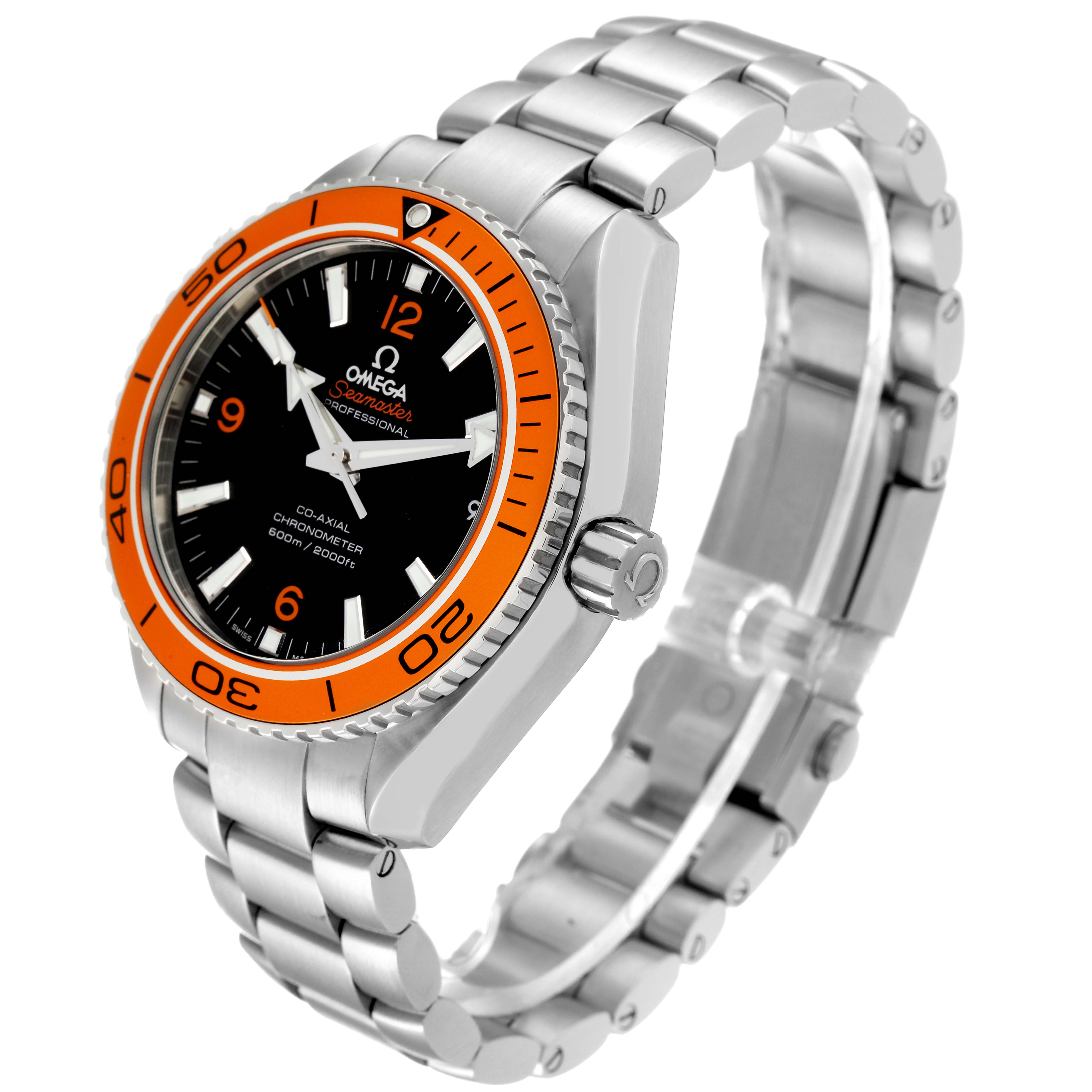 The Omega Seamaster watch is shown at an angled side view, displaying its stainless steel band, crown, and orange bezel.