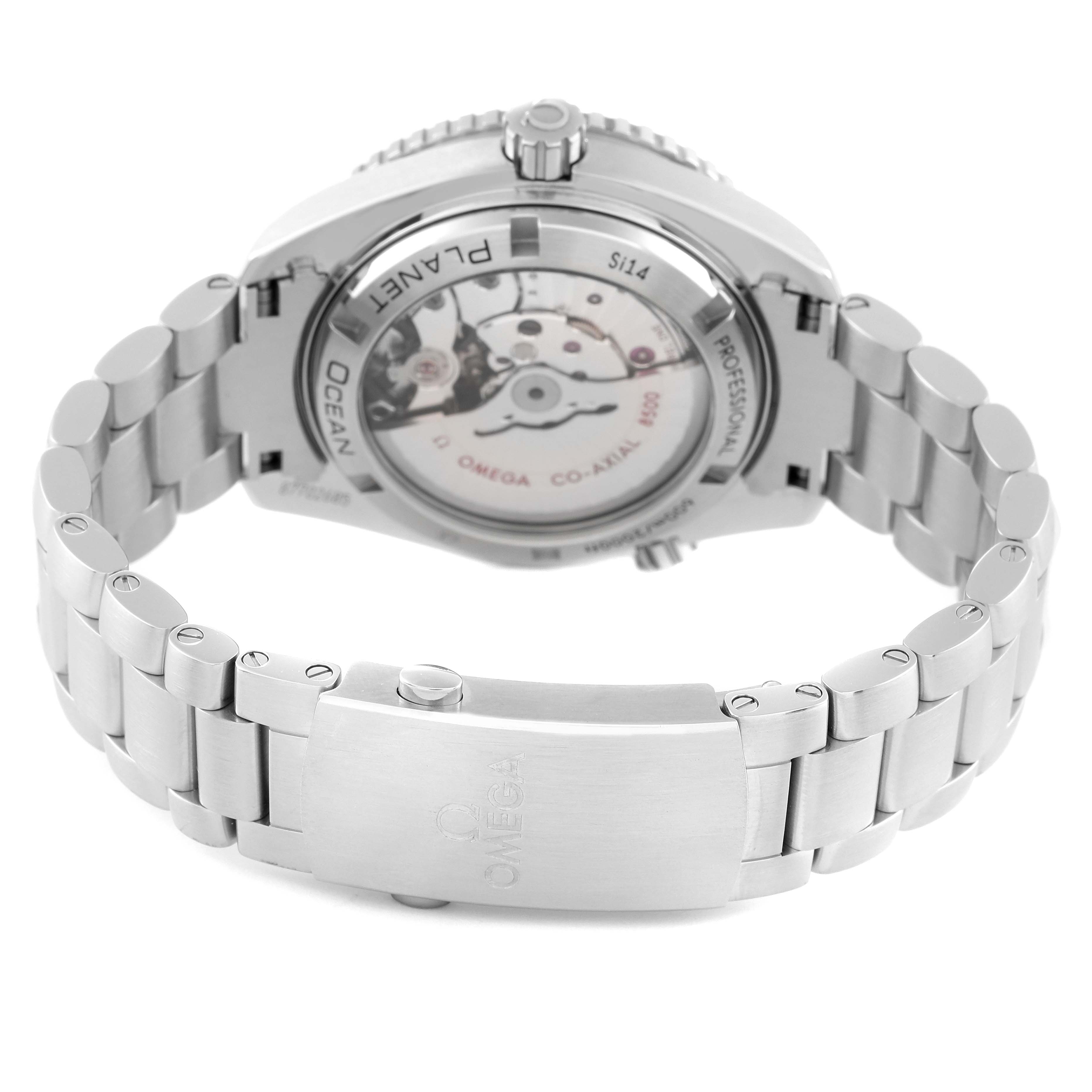 This image shows the back and clasp of the Omega Seamaster watch, highlighting its stainless steel bracelet and exposed movement.