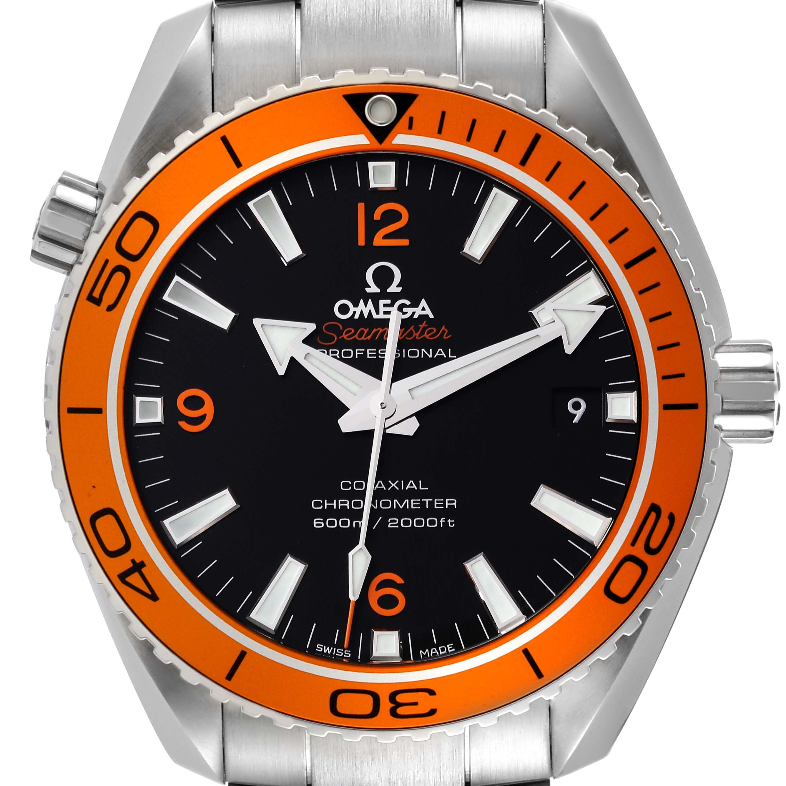 The image shows a front view of the Omega Seamaster Planet Ocean watch, highlighting the dial, bezel, and part of the bracelet.