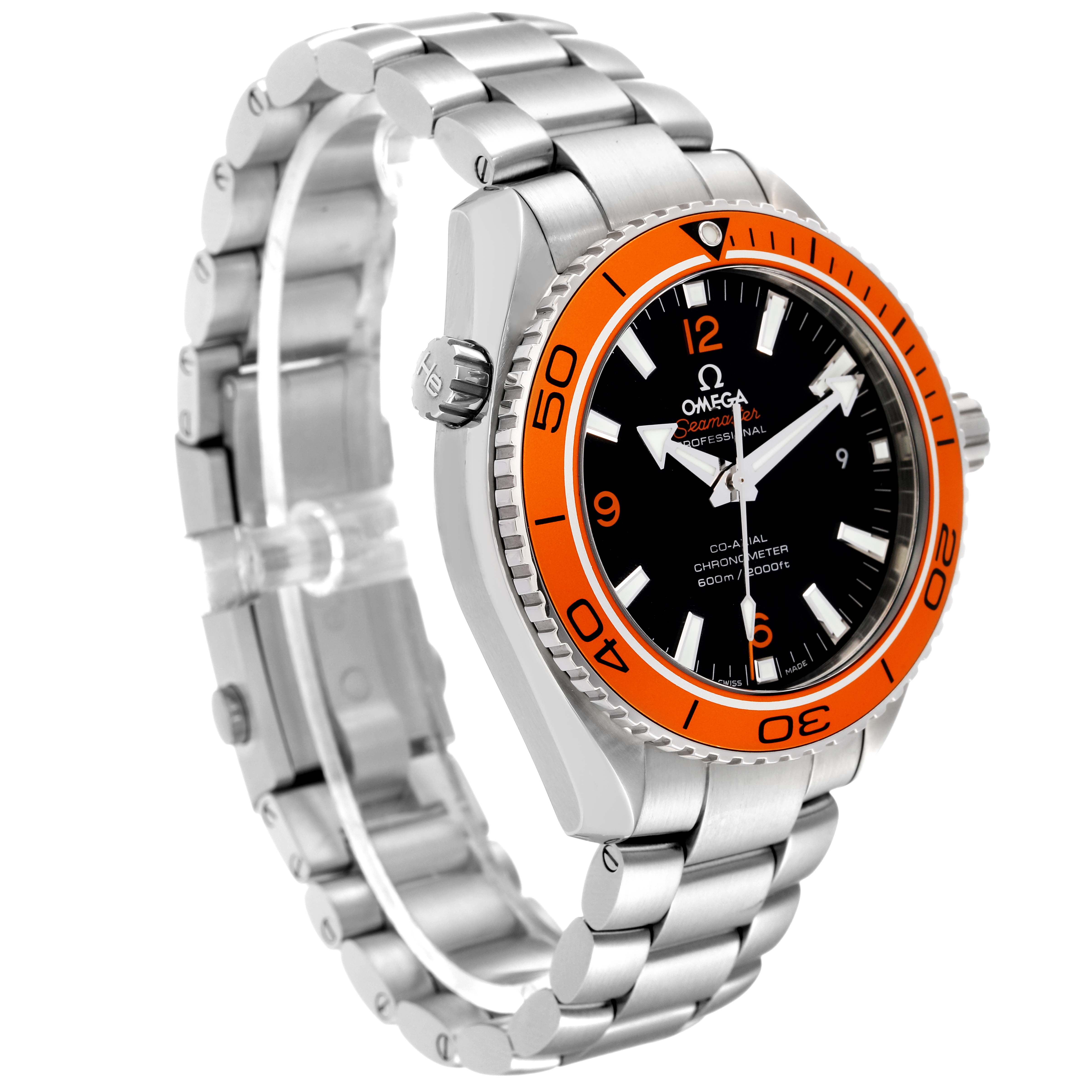 The Omega Seamaster watch is shown at a three-quarter angle exhibiting the front dial, bezel, crown, and metallic bracelet.