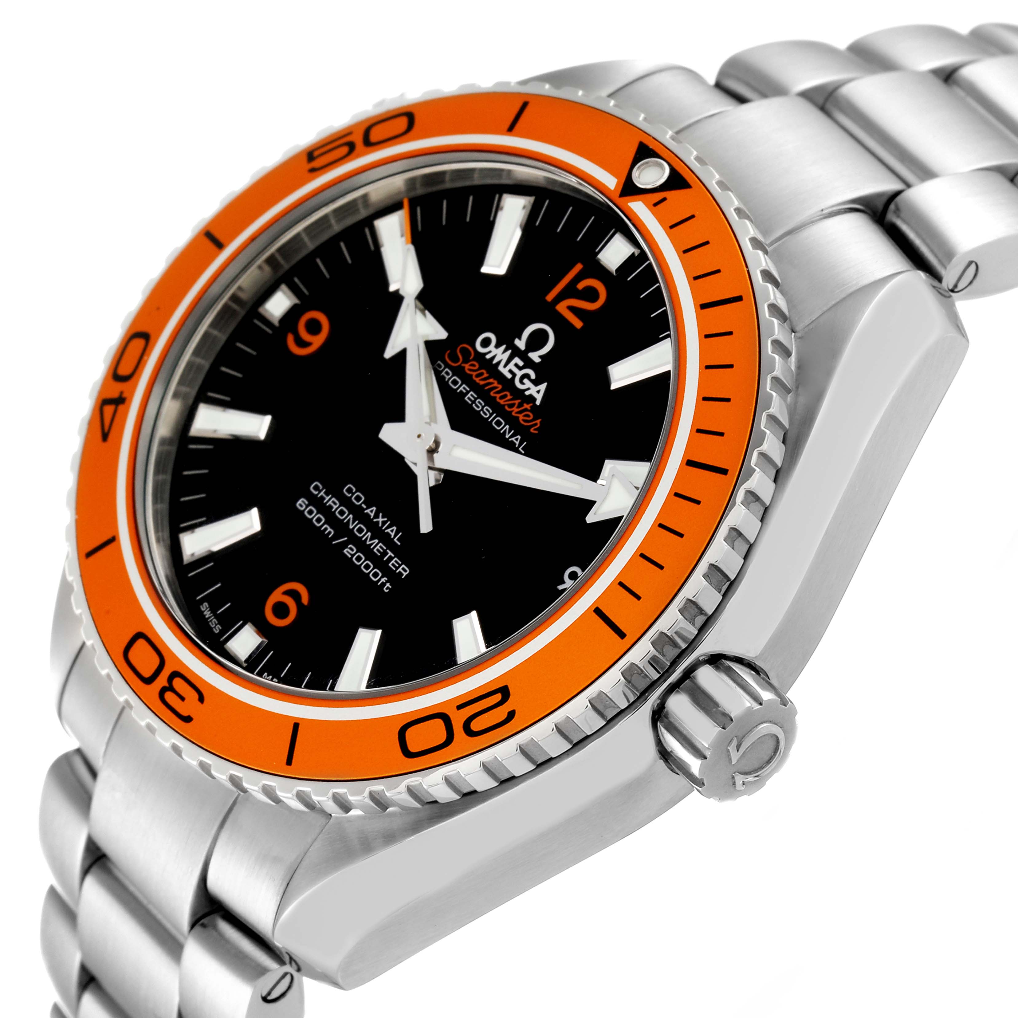 The image shows an angled close-up of the Omega Seamaster watch, featuring its orange bezel, black dial, and metal bracelet.