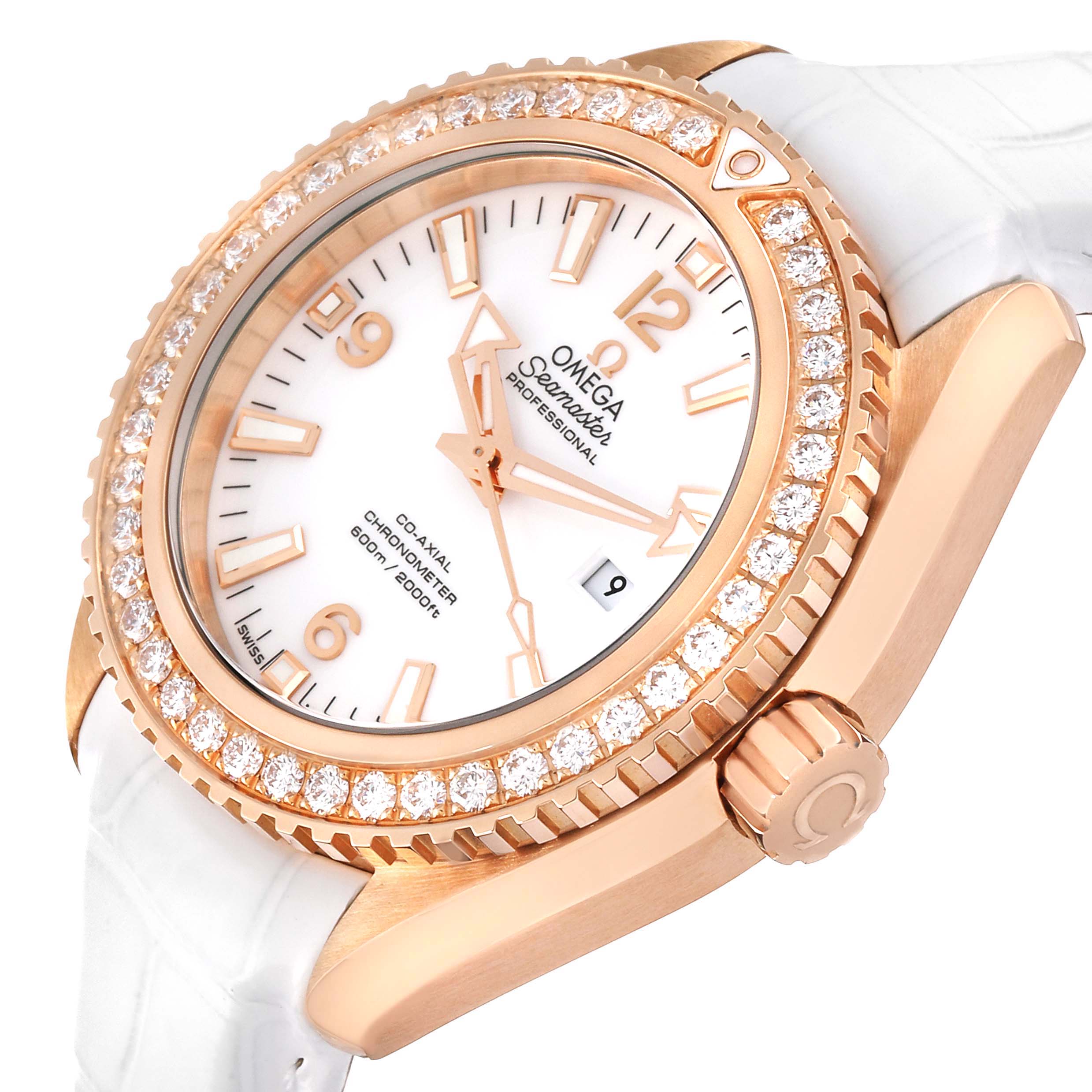 The Omega 232.58.38.20.04.001 Women's Rose Gold White Dial 232.58.38.20.04.001 Women's Rose Gold White Dial Seamaster Planet Ocean Rose Gold Diamond Ladies Watch 232.58.38.20.04.001 is shown from a top-side angle, highlighting the bezel, dial, crown, and strap.