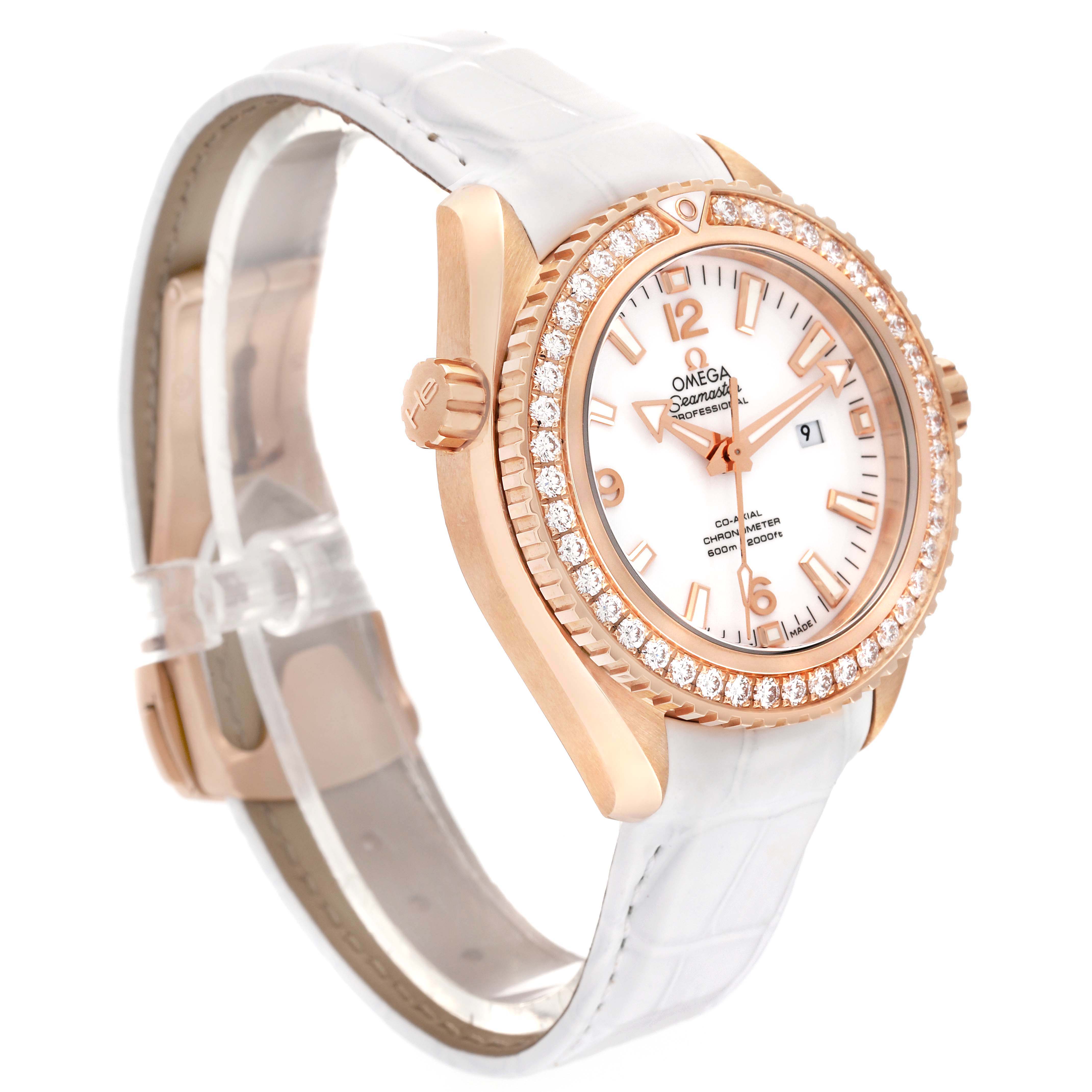 The image shows an angled side view of the Omega 232.58.38.20.04.001 Women's Rose Gold White Dial 232.58.38.20.04.001 Women's Rose Gold White Dial Seamaster Planet Ocean Rose Gold Diamond Ladies Watch 232.58.38.20.04.001, highlighting the face, bezel, and strap.