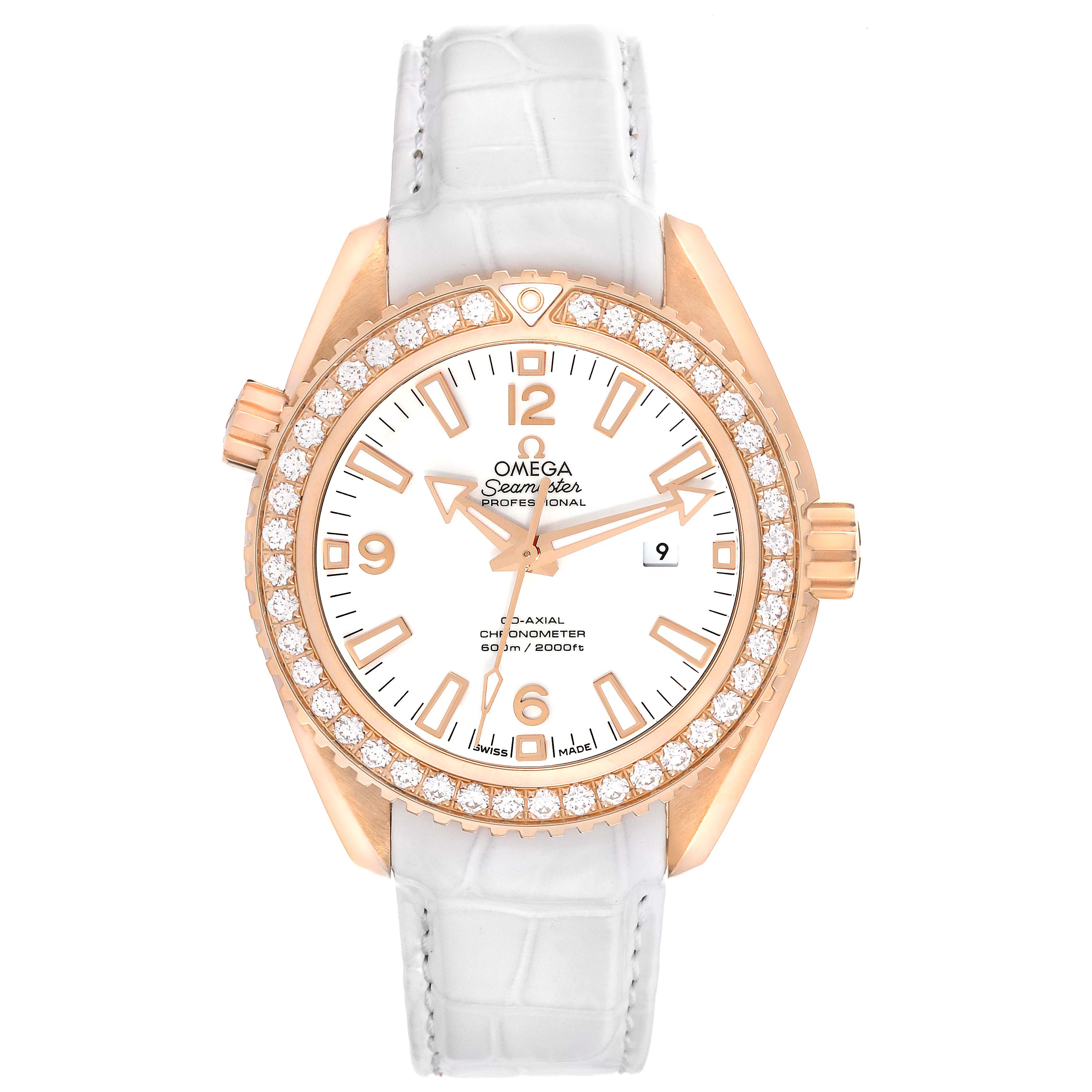 The image shows a front view of the Omega 232.58.38.20.04.001 Women's Rose Gold White Dial 232.58.38.20.04.001 Women's Rose Gold White Dial Seamaster Planet Ocean Rose Gold Diamond Ladies Watch, model 232.58.38.20.04.001, with a white strap.