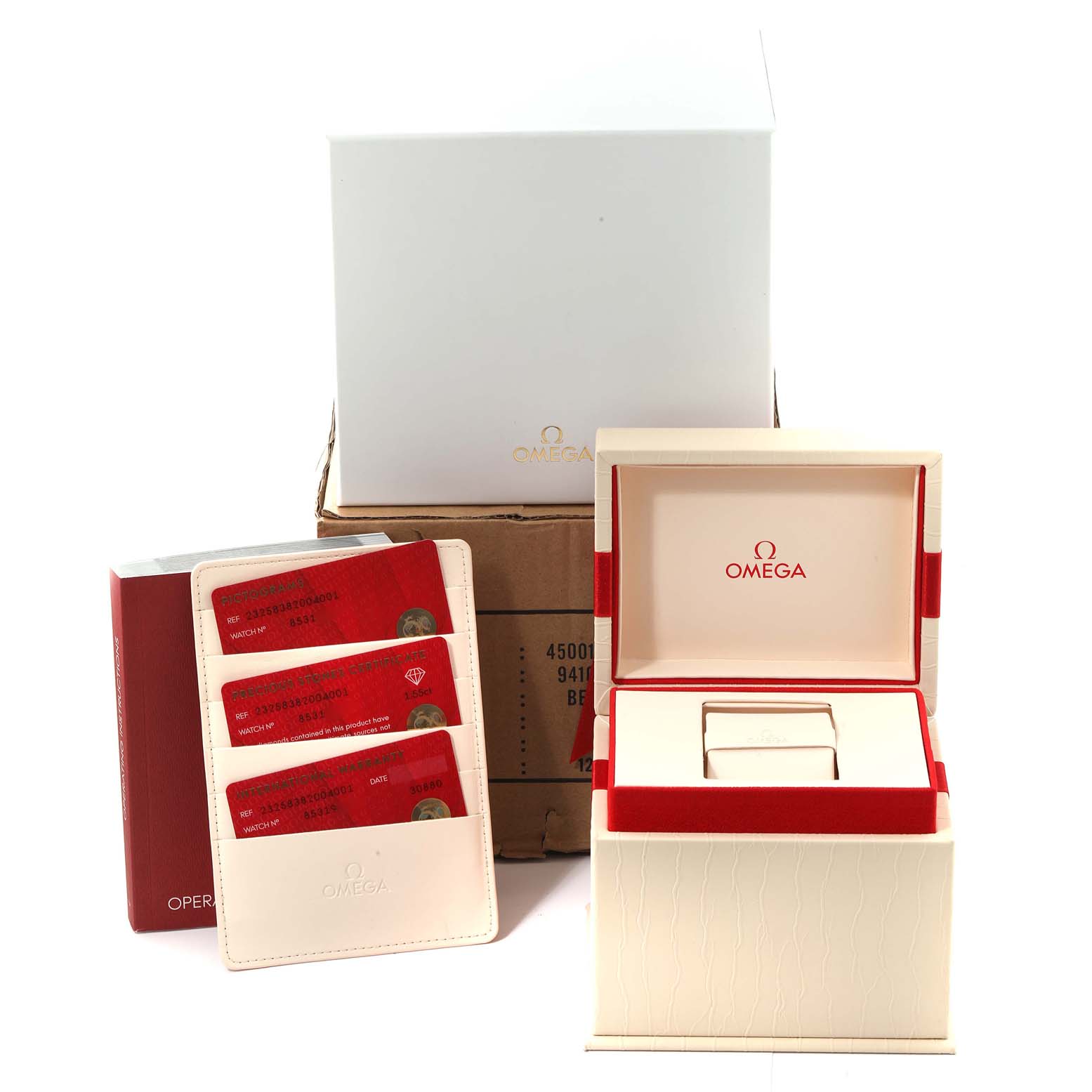 The image shows the packaging, warranty cards, and an empty display box for the Omega 232.58.38.20.04.001 Women's Rose Gold White Dial 232.58.38.20.04.001 Women's Rose Gold White Dial Seamaster Planet Ocean Rose Gold Diamond Ladies Watch 232.58.38.20.04.001 Unworn model.