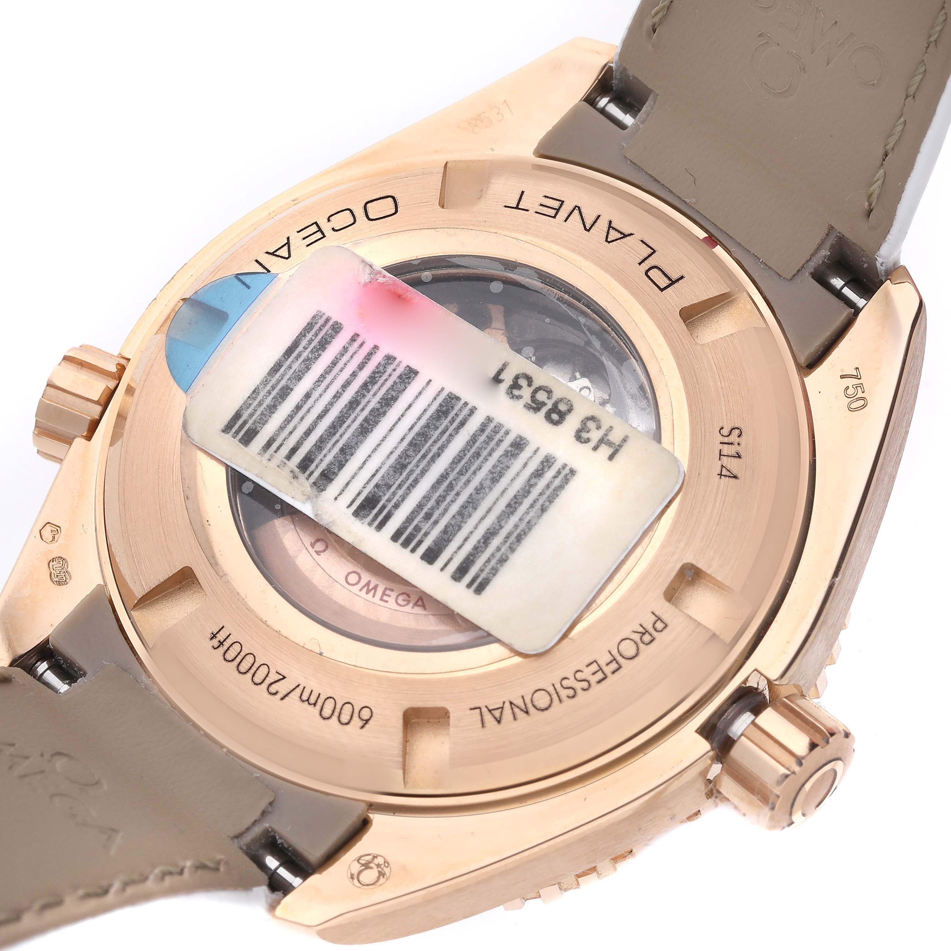 The image shows the back view of the Omega 232.58.38.20.04.001 Women's Rose Gold White Dial 232.58.38.20.04.001 Women's Rose Gold White Dial Seamaster Planet Ocean Rose Gold Diamond Ladies Watch model 232.58.38.20.04.001.