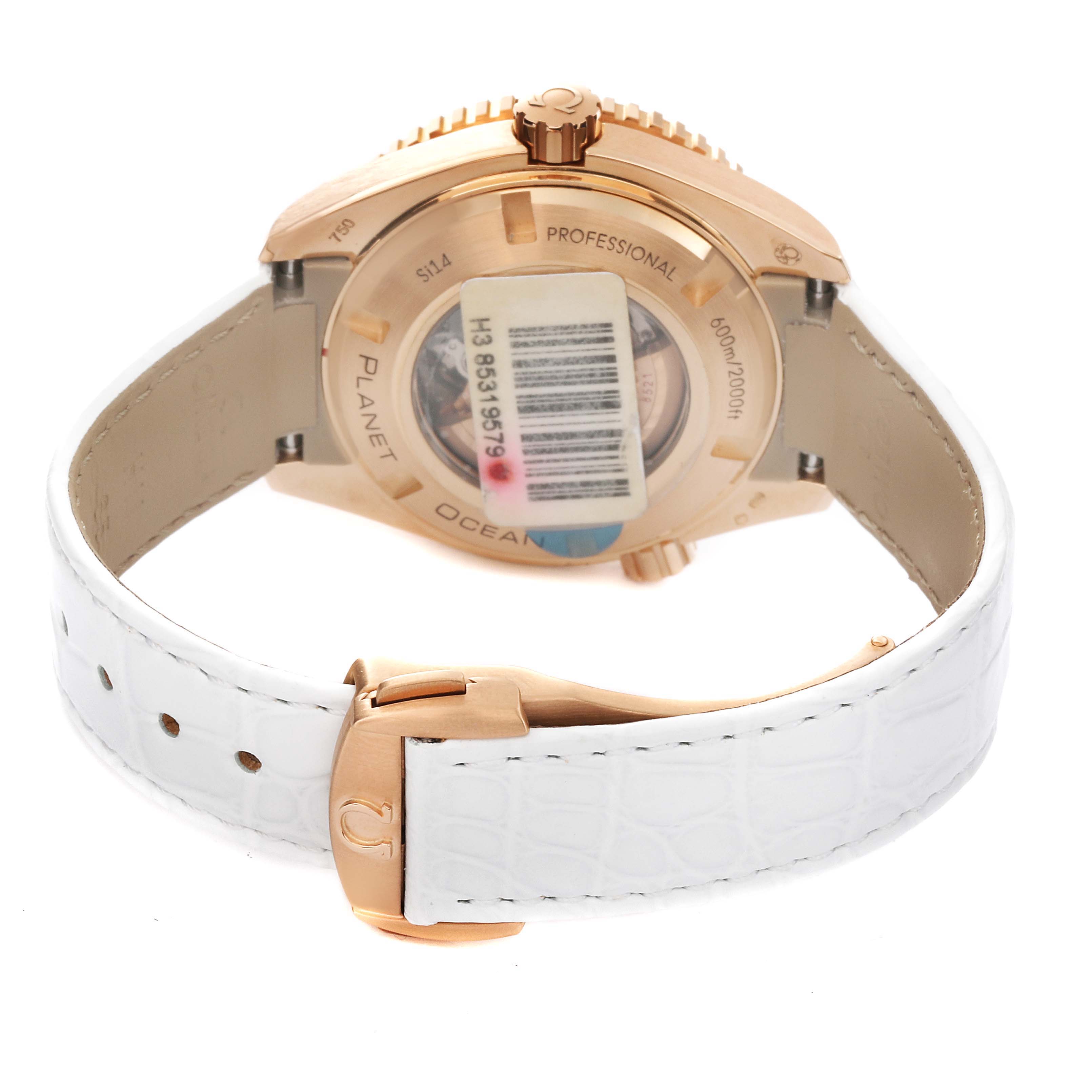 This image shows the back view of the Omega 232.58.38.20.04.001 Women's Rose Gold White Dial 232.58.38.20.04.001 Women's Rose Gold White Dial Seamaster Planet Ocean Rose Gold Diamond Ladies Watch model 232.58.38.20.04.001, featuring its white strap and case back.
