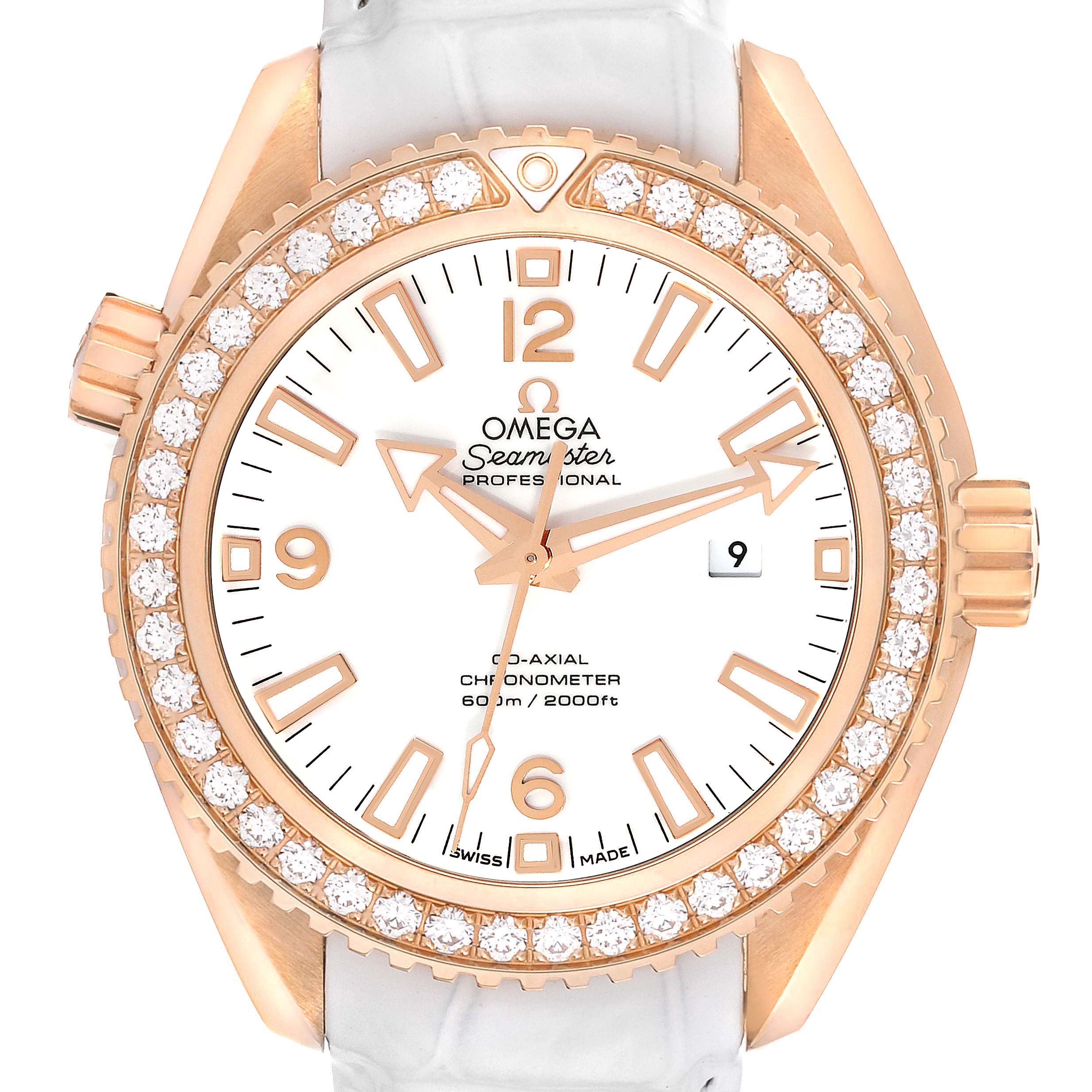 The image shows a front view of the Omega 232.58.38.20.04.001 Women's Rose Gold White Dial 232.58.38.20.04.001 Women's Rose Gold White Dial Seamaster Planet Ocean Rose Gold Diamond Ladies Watch 232.58.38.20.04.001.