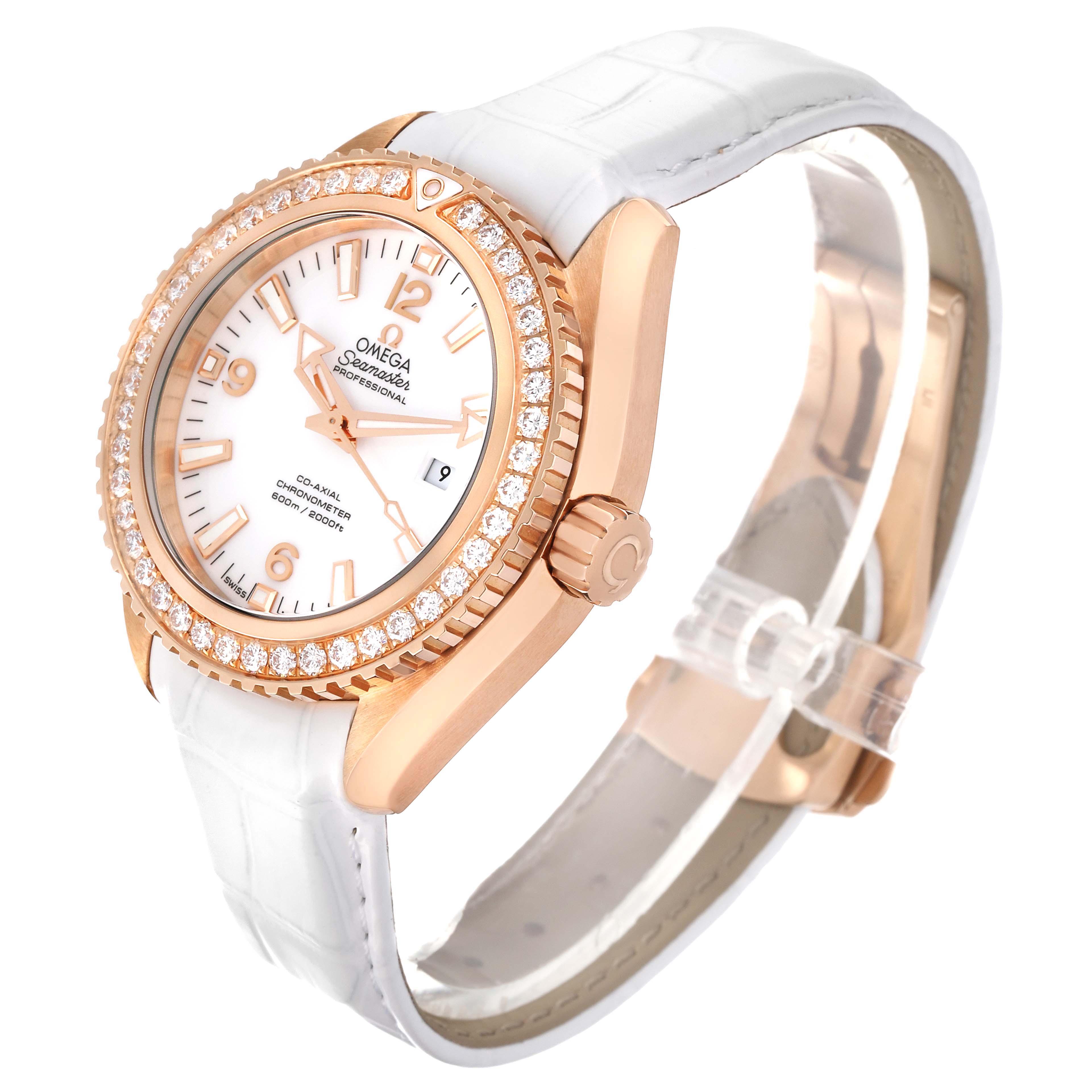 The Omega 232.58.38.20.04.001 Women's Rose Gold White Dial 232.58.38.20.04.001 Women's Rose Gold White Dial Seamaster Planet Ocean Rose Gold Diamond Ladies Watch 232.58.38.20.04.001 is displayed at an angle showing the face, bezel, crown, and strap.