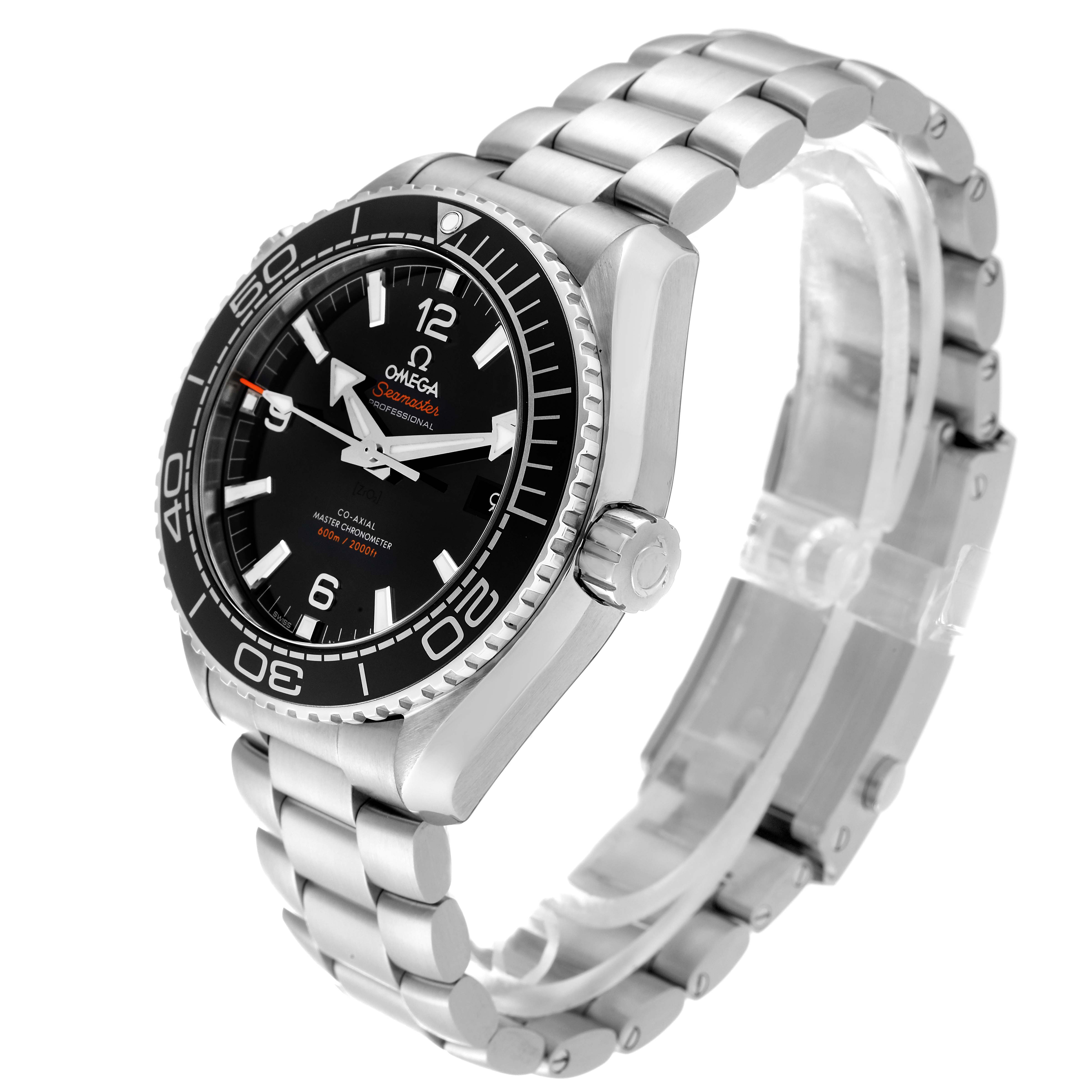 This image shows the front and right side angle of an Omega Planet Ocean 215.30.44.21.01.001 Men
s Stainless Steel Black Dial 215.30.44.21.01.001 Men
s Stainless Steel Black Dial watch, highlighting the bezel, bracelet, and crown.