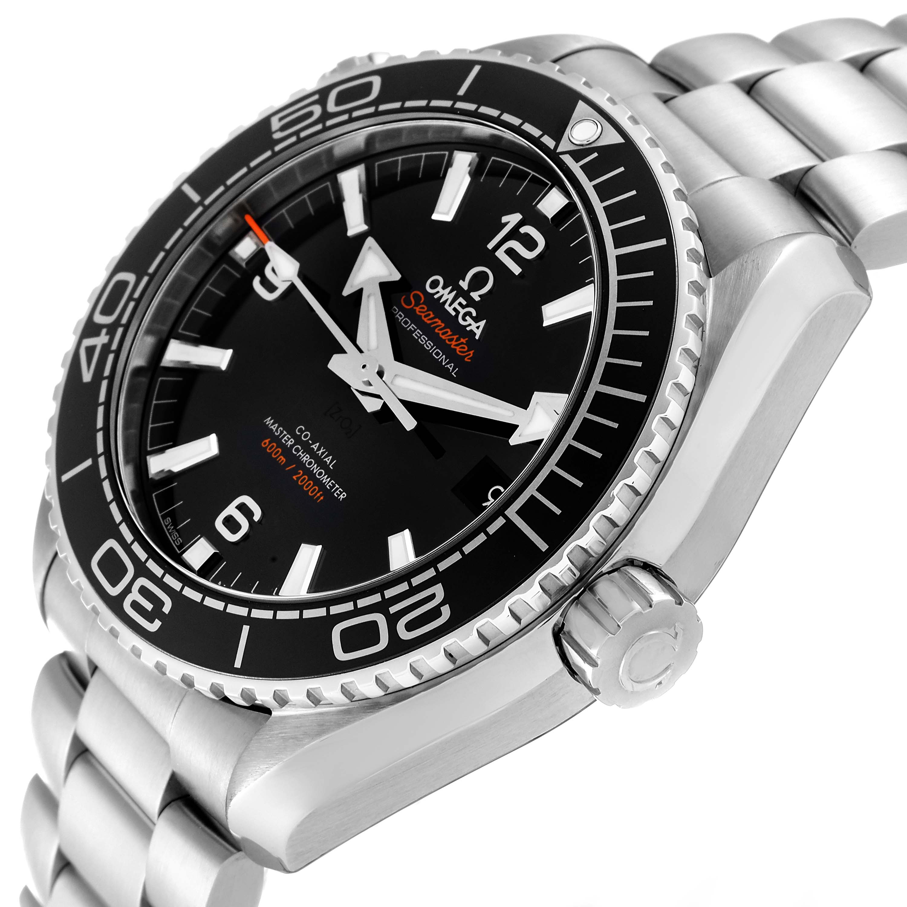 The image shows an angled view of the front and right side of an Omega Planet Ocean 215.30.44.21.01.001 Men
s Stainless Steel Black Dial 215.30.44.21.01.001 Men
s Stainless Steel Black Dial watch, highlighting its dial, bezel, and bracelet.