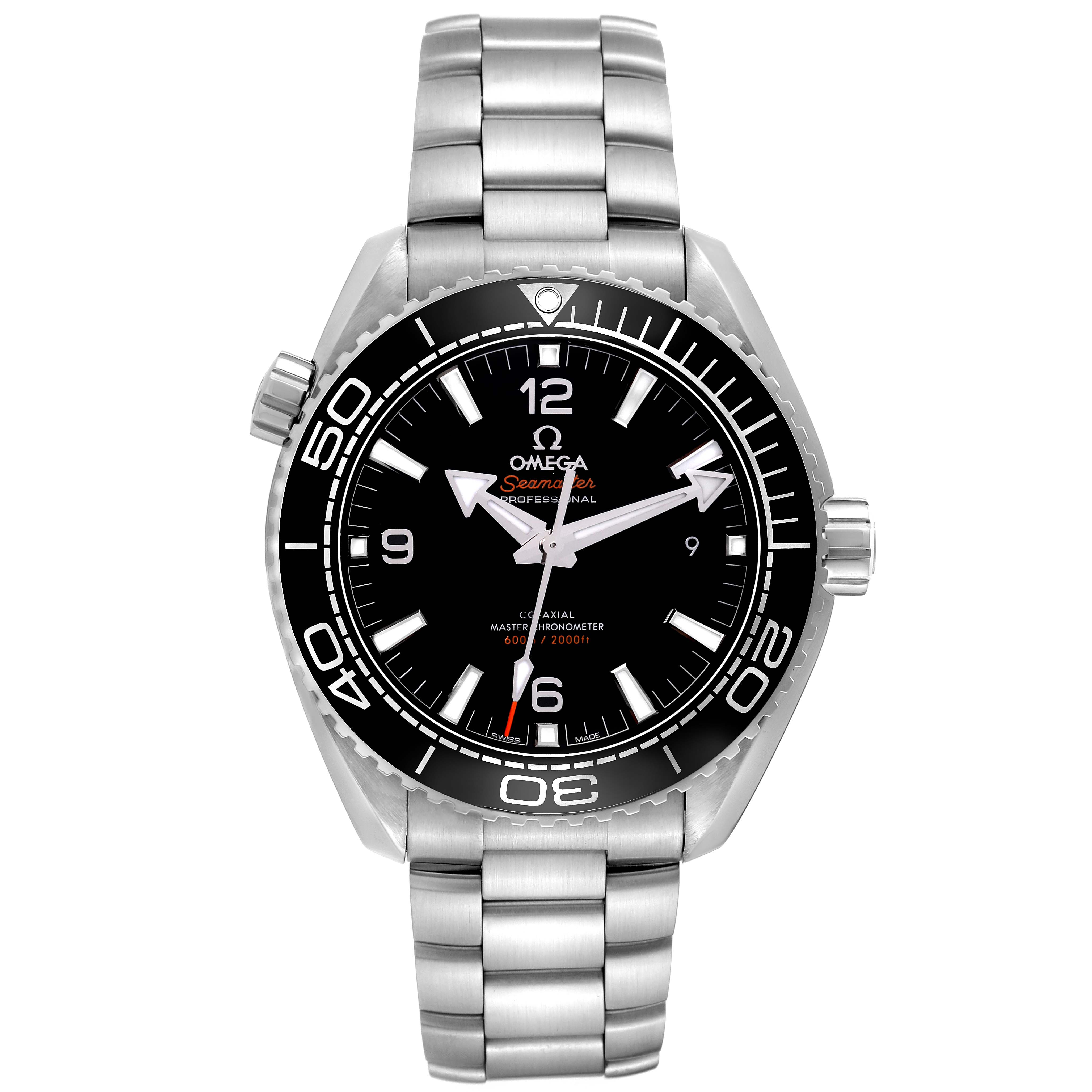 The Omega Planet Ocean 215.30.44.21.01.001 Men
s Stainless Steel Black Dial 215.30.44.21.01.001 Men
s Stainless Steel Black Dial watch is shown from a front angle, displaying the face, bezel, crown, and stainless steel bracelet.