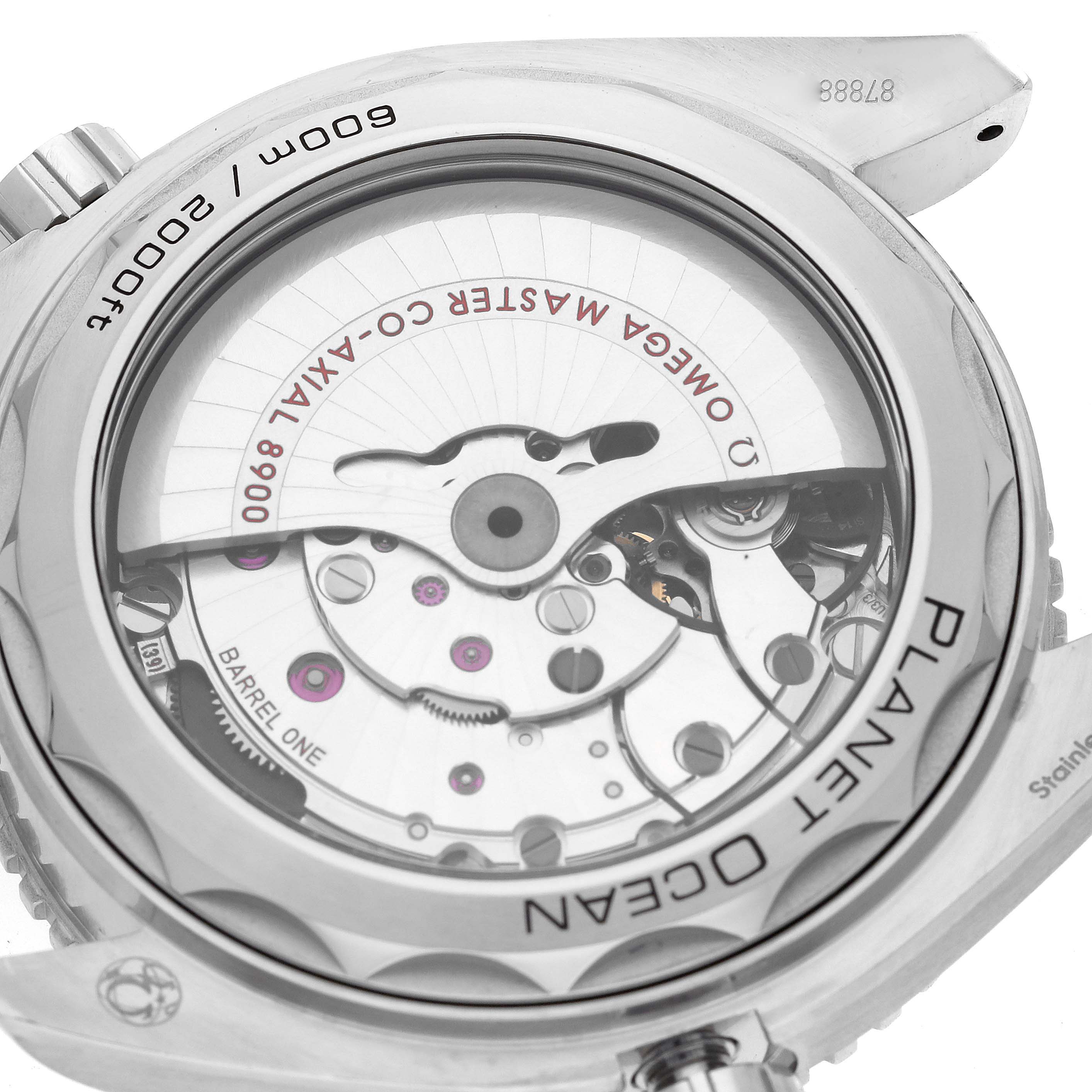 The image shows the back of an Omega Planet Ocean 215.30.44.21.01.001 Men
s Stainless Steel Black Dial 215.30.44.21.01.001 Men
s Stainless Steel Black Dial watch, highlighting its internal mechanical movements.