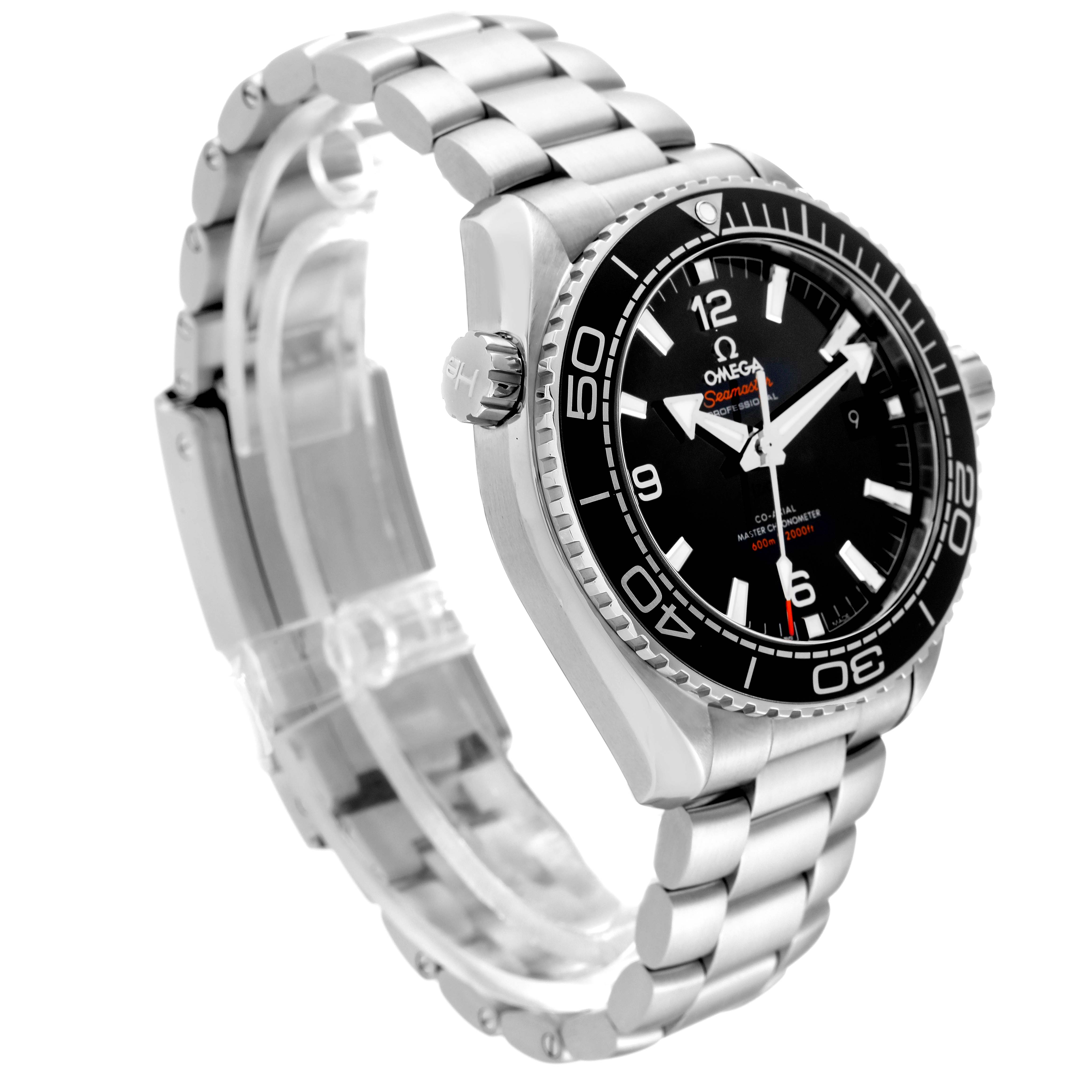 The image shows a side view of the Omega Planet Ocean 215.30.44.21.01.001 Men
s Stainless Steel Black Dial 215.30.44.21.01.001 Men
s Stainless Steel Black Dial watch, highlighting its stainless steel bracelet, black dial, and bezel.