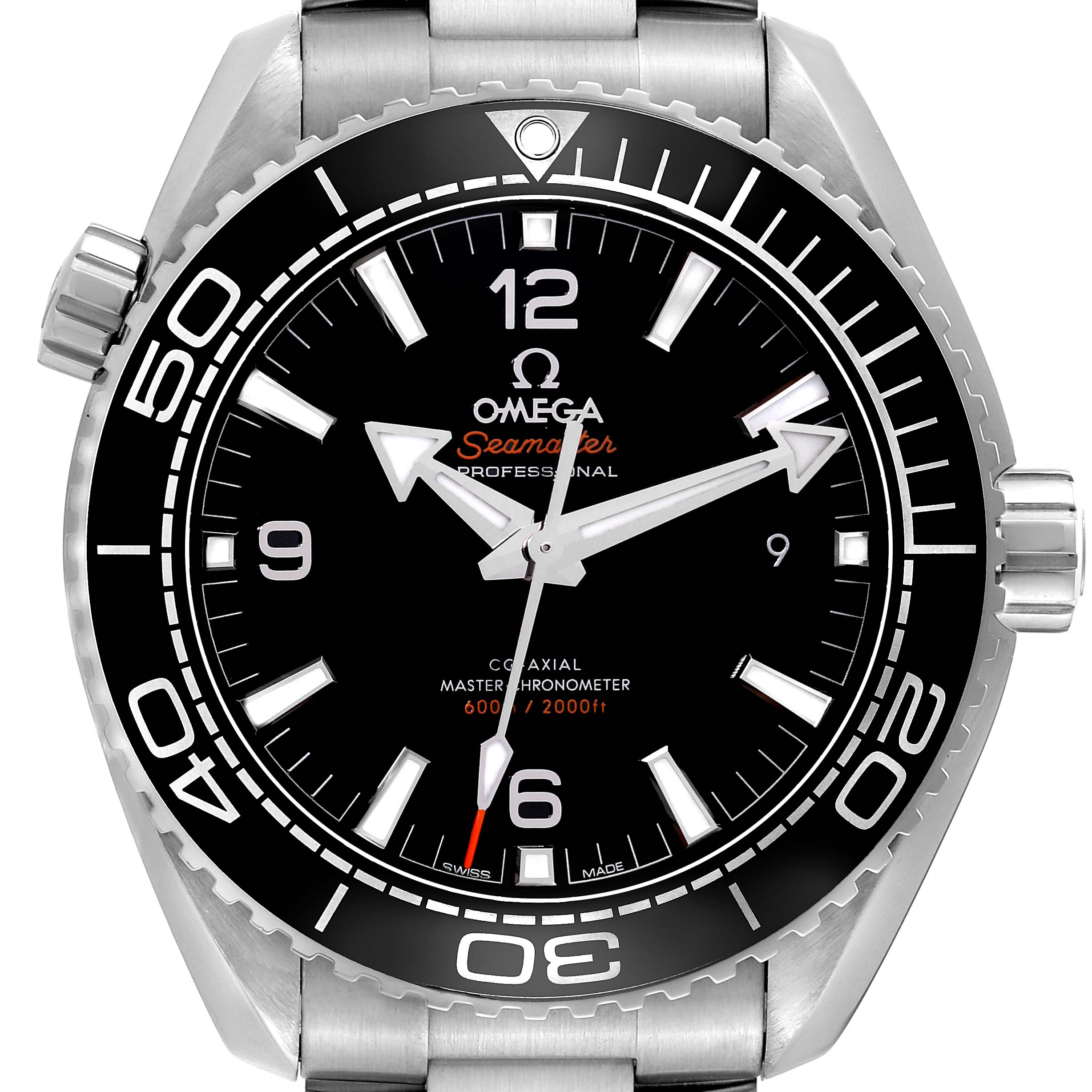 This is a front view of the Omega Seamaster Planet Ocean watch, highlighting the dial, bezel, and crown.