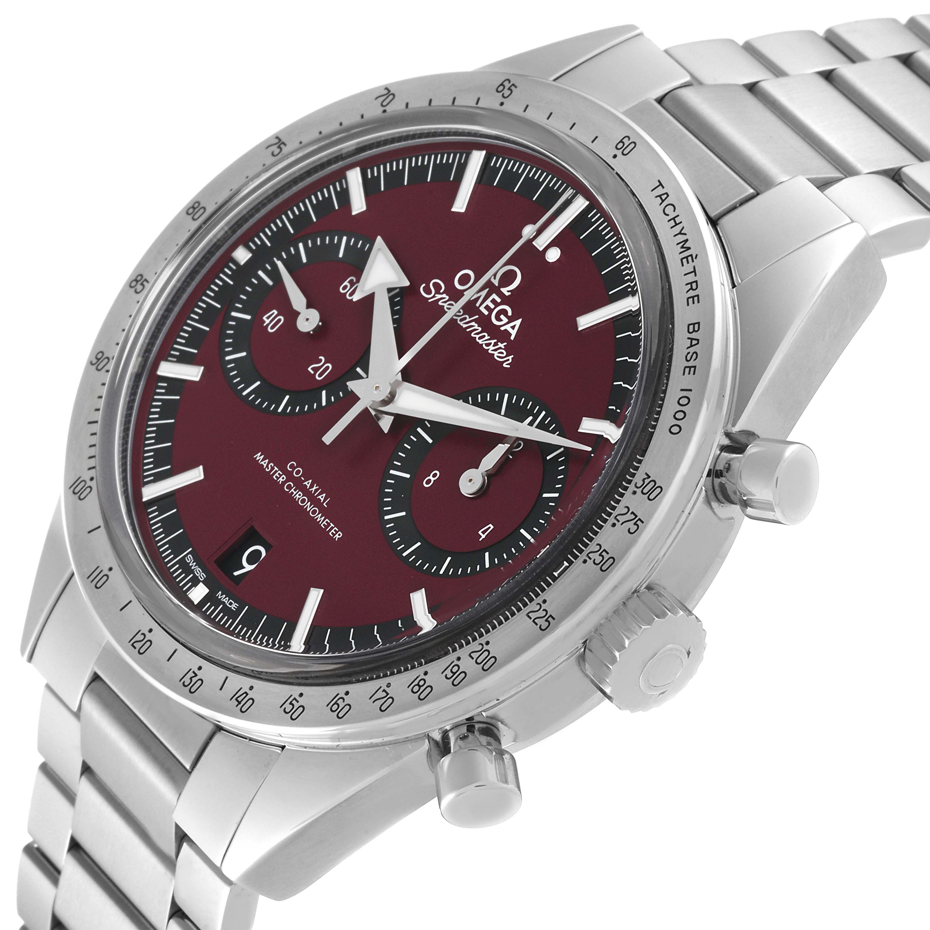 The image shows an angled view of an Omega Speedmaster 332.10.41.51.11.001 Men's Stainless Steel Red Dial 332.10.41.51.11.001 Men's Stainless Steel Red Dial watch, highlighting the dial, bezel, crown, pushers, and part of the bracelet.