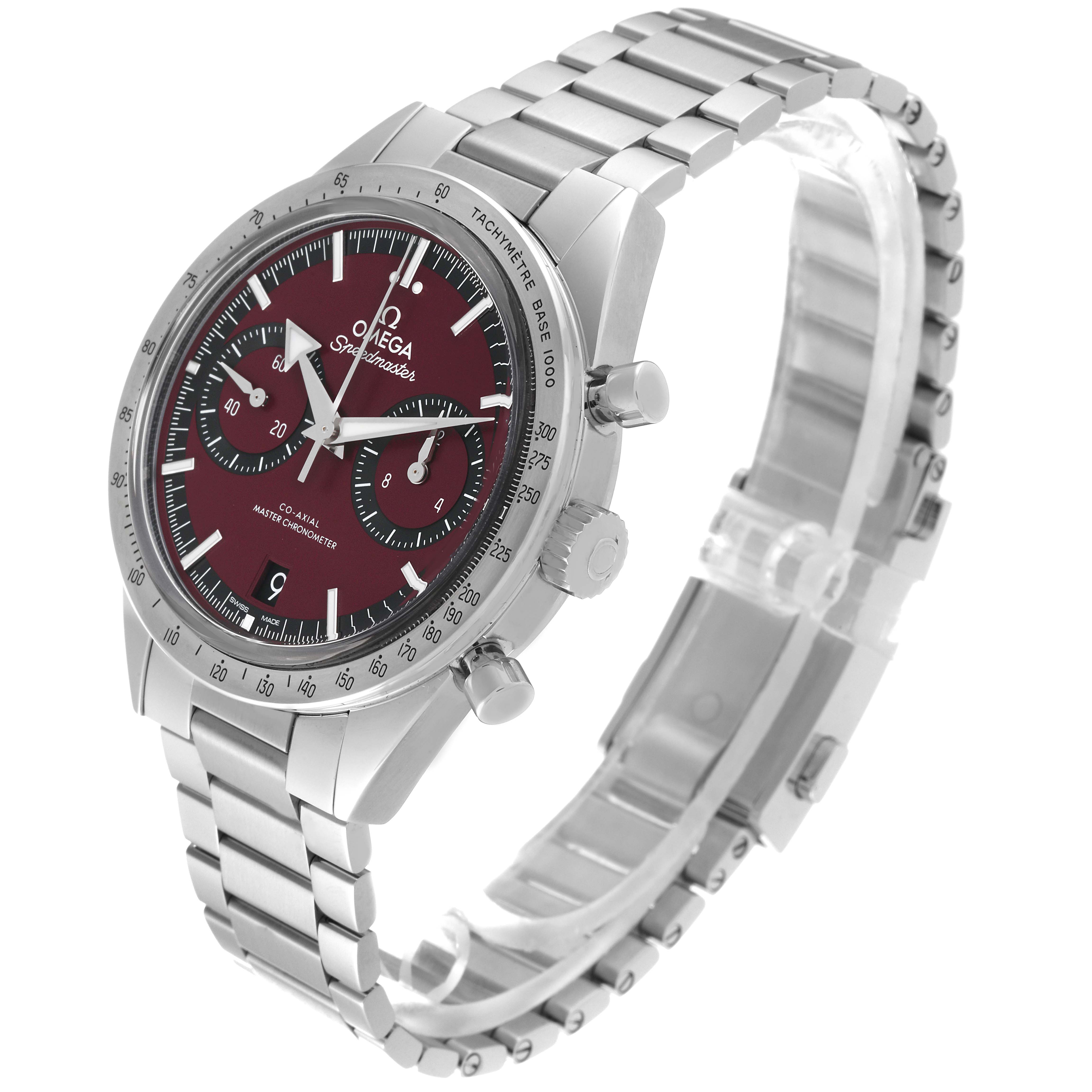 The image shows an angled view of an Omega Speedmaster 332.10.41.51.11.001 Men's Stainless Steel Red Dial 332.10.41.51.11.001 Men's Stainless Steel Red Dial watch, showcasing its maroon dial, chronograph subdials, tachymeter bezel, and metal bracelet.