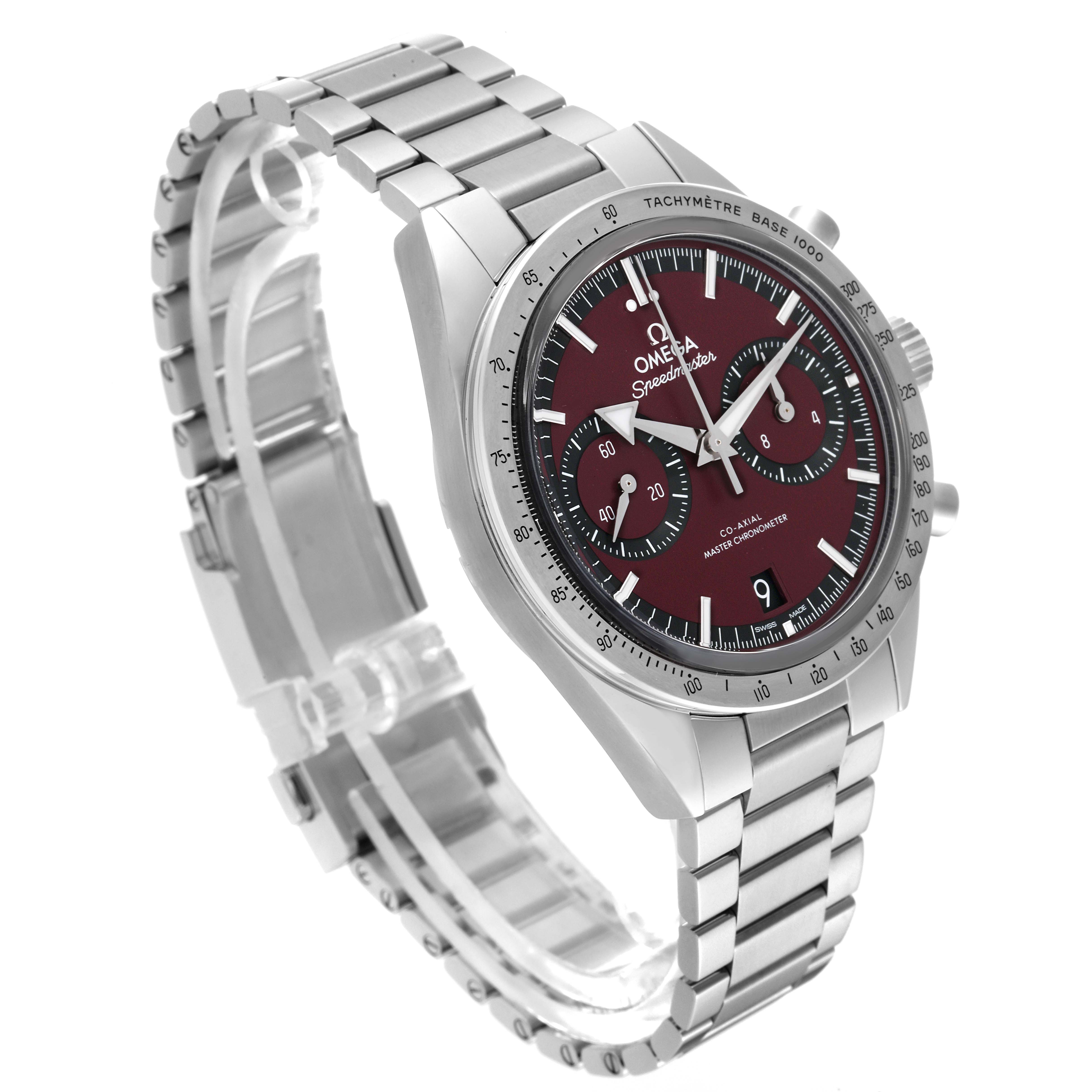 The Omega Speedmaster 332.10.41.51.11.001 Men's Stainless Steel Red Dial 332.10.41.51.11.001 Men's Stainless Steel Red Dial watch is shown at a three-quarter angle, featuring the face, bezel, and metal bracelet.
