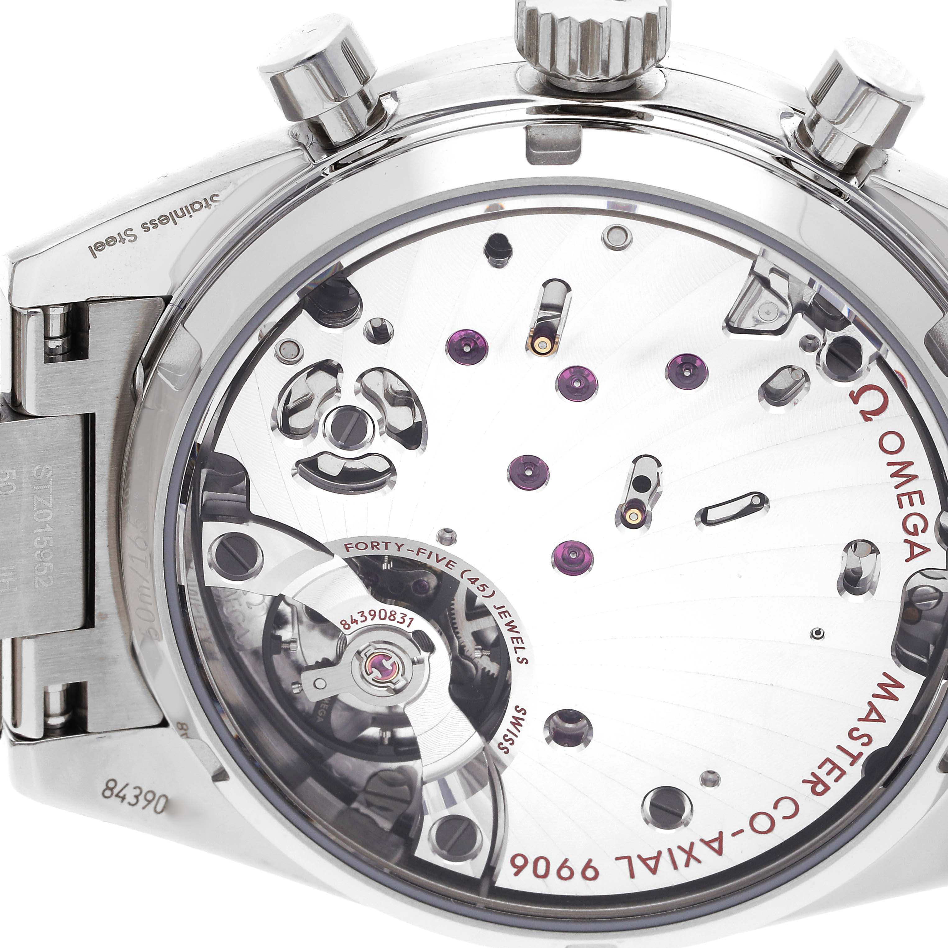 The image shows the back side of an Omega Speedmaster 332.10.41.51.11.001 Men's Stainless Steel Red Dial 332.10.41.51.11.001 Men's Stainless Steel Red Dial watch, revealing its exposed movement and internal mechanisms.