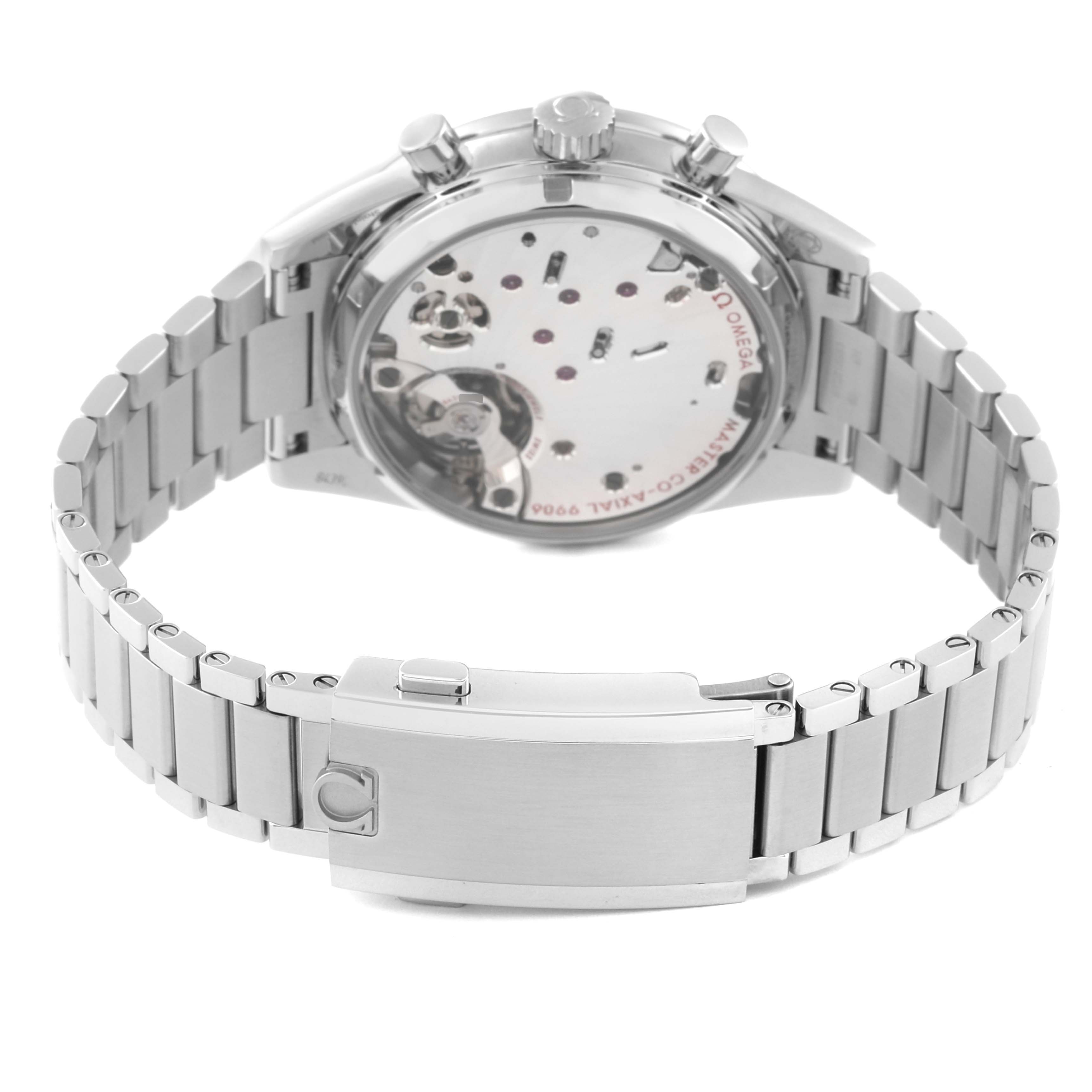 The Omega Speedmaster 332.10.41.51.11.001 Men's Stainless Steel Red Dial watch is shown from the back, highlighting the movement and metal bracelet.