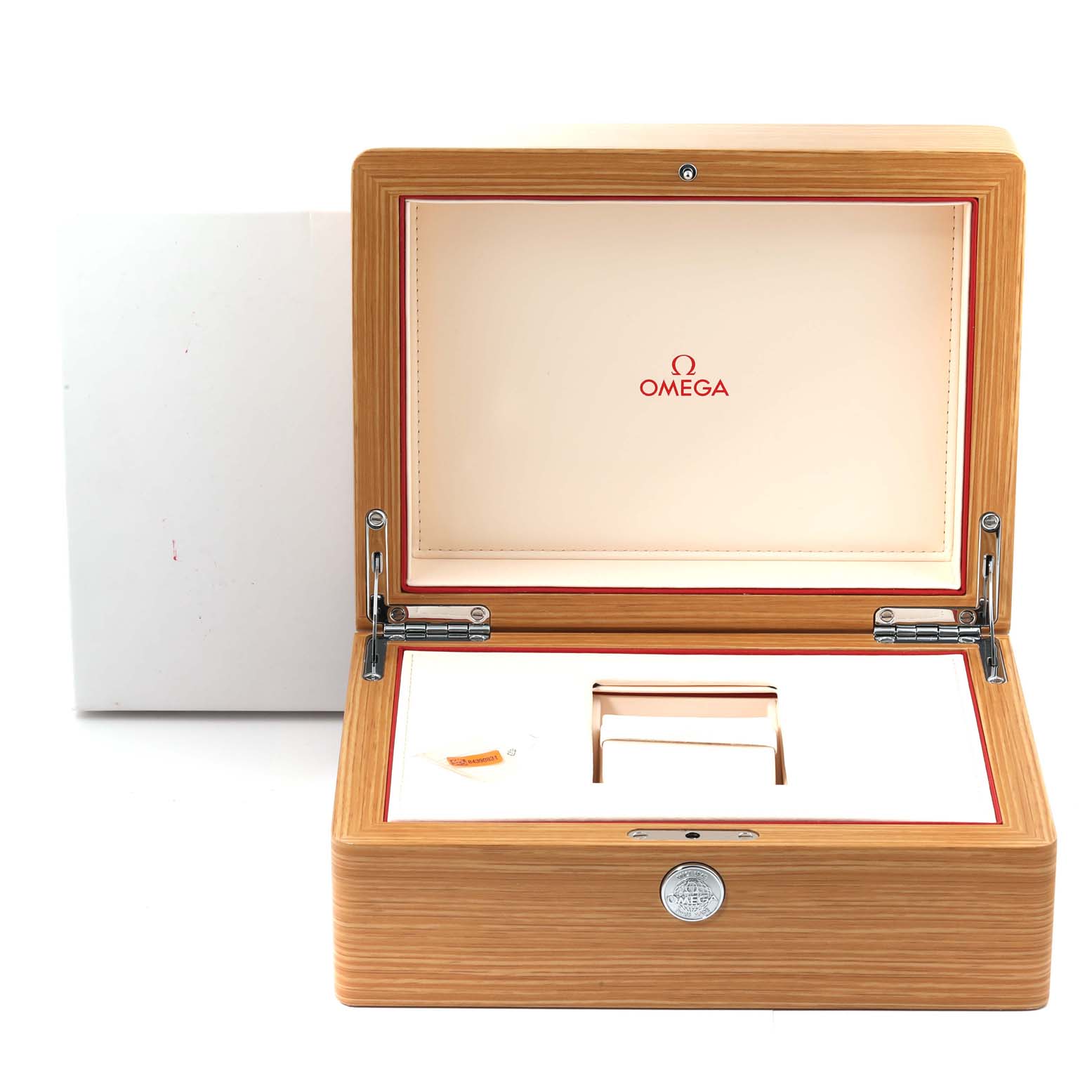 The image shows an open wooden Omega Speedmaster 332.10.41.51.11.001 Men's Stainless Steel Red Dial 332.10.41.51.11.001 Men's Stainless Steel Red Dial watch box with branded interior and watch holder.