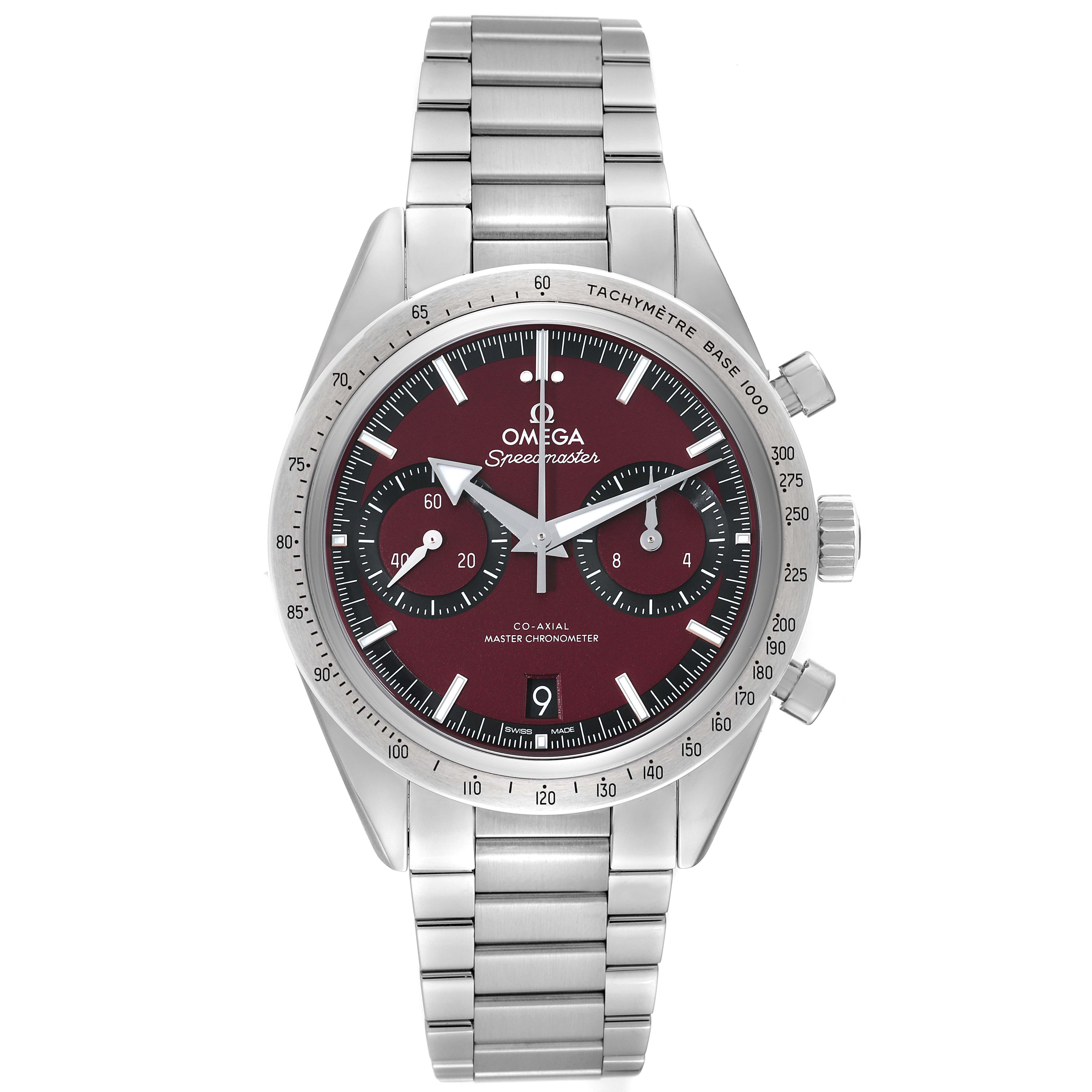 The image shows a frontal view of an Omega Speedmaster 332.10.41.51.11.001 Men's Stainless Steel Red Dial 332.10.41.51.11.001 Men's Stainless Steel Red Dial watch with a metal bracelet and burgundy dial.
