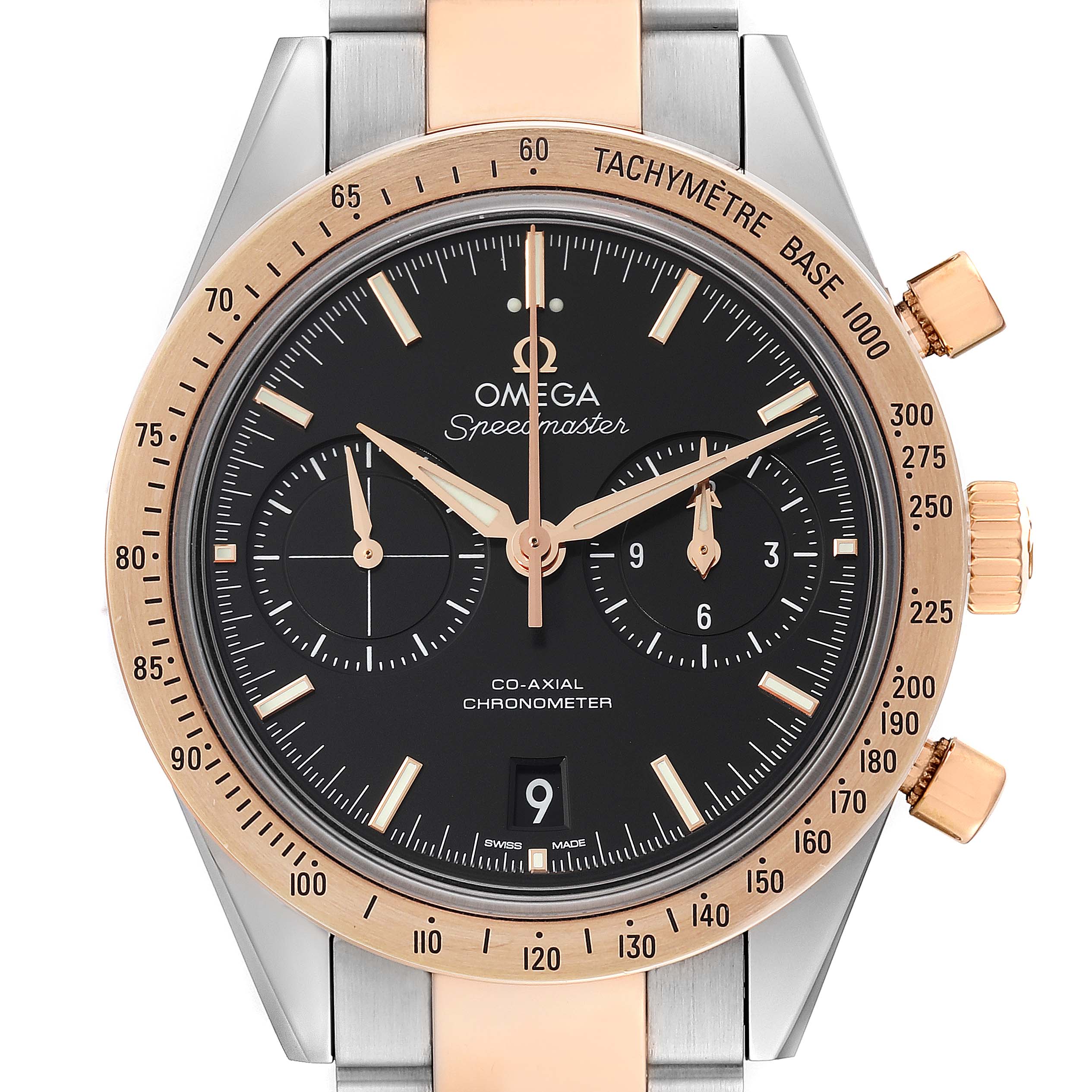 This Omega Speedmaster 331.20.42.51.01.002 Men's Steel and Gold (two tone) Black Dial 331.20.42.51.01.002 Men's Steel and Gold (two tone) Black Dial watch is shown from a front-angle view, highlighting its dial, bezel, and pushers.