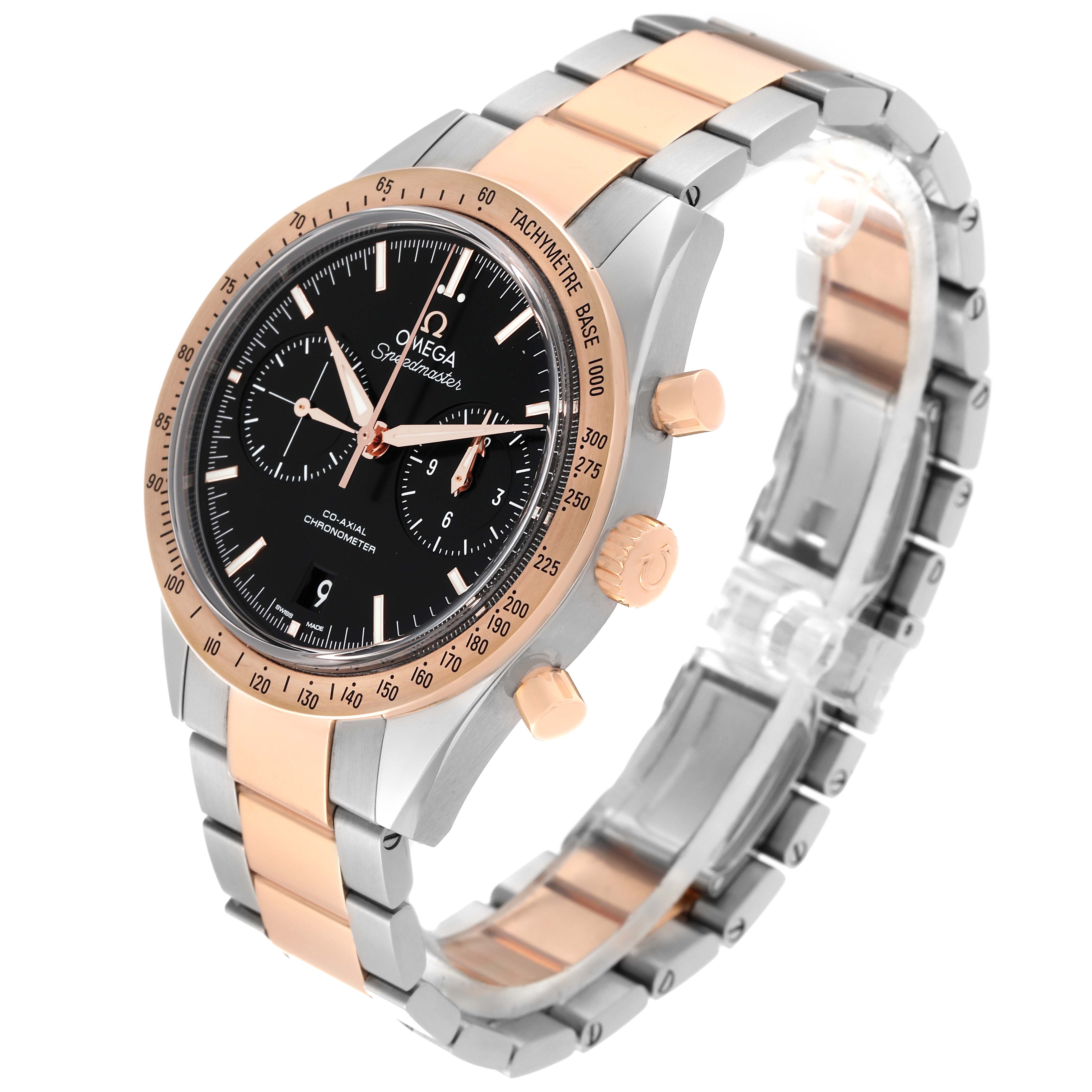The image shows an Omega Speedmaster 331.20.42.51.01.002 Men's Steel and Gold (two tone) Black Dial 331.20.42.51.01.002 Men's Steel and Gold (two tone) Black Dial watch at a three-quarter angle, highlighting the rose gold bezel, buttons, and bracelet links.