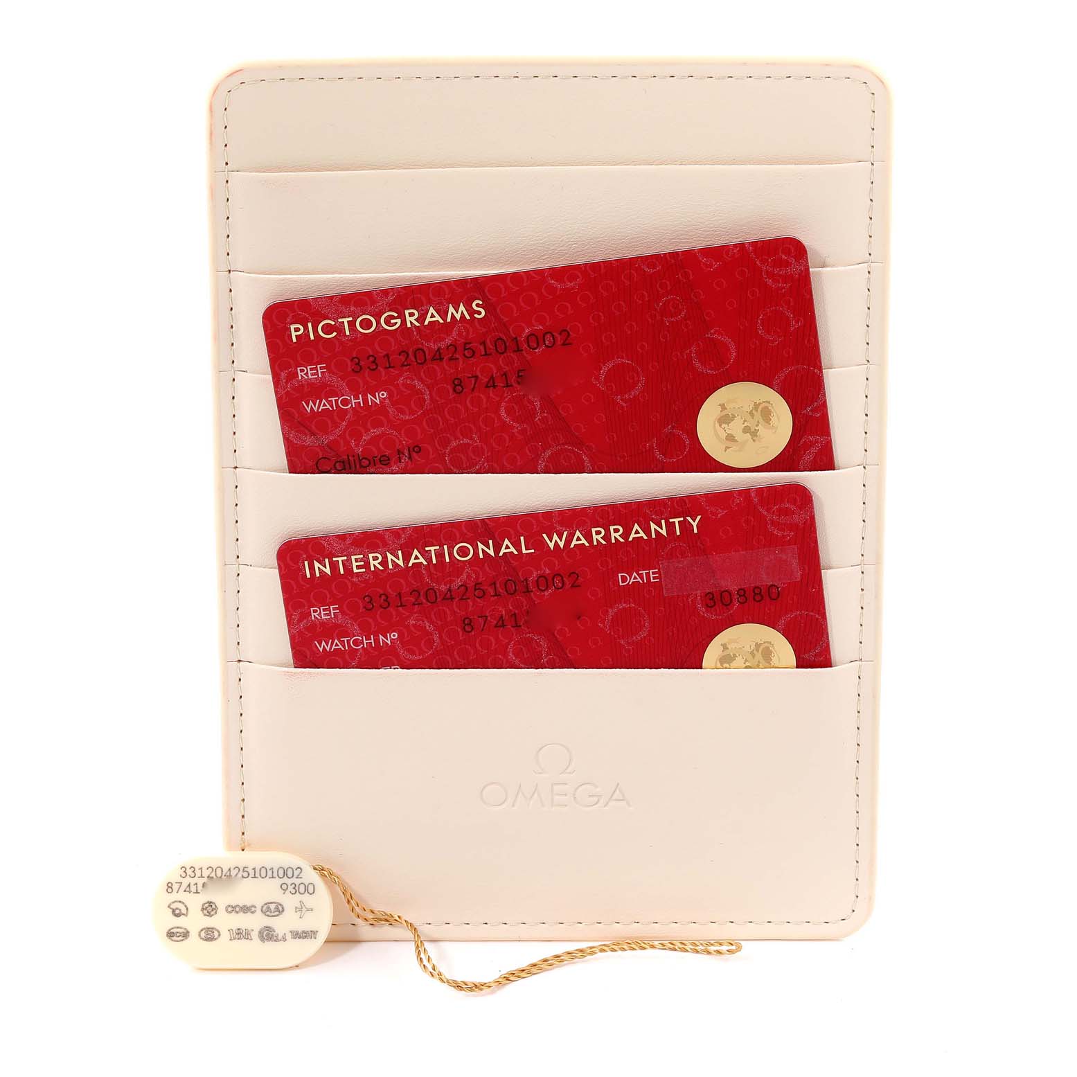 The image shows the warranty and pictogram cards for an Omega Speedmaster 331.20.42.51.01.002 Men's Steel and Gold (two tone) Black Dial 331.20.42.51.01.002 Men's Steel and Gold (two tone) Black Dial watch placed in a cream-colored cardholder.